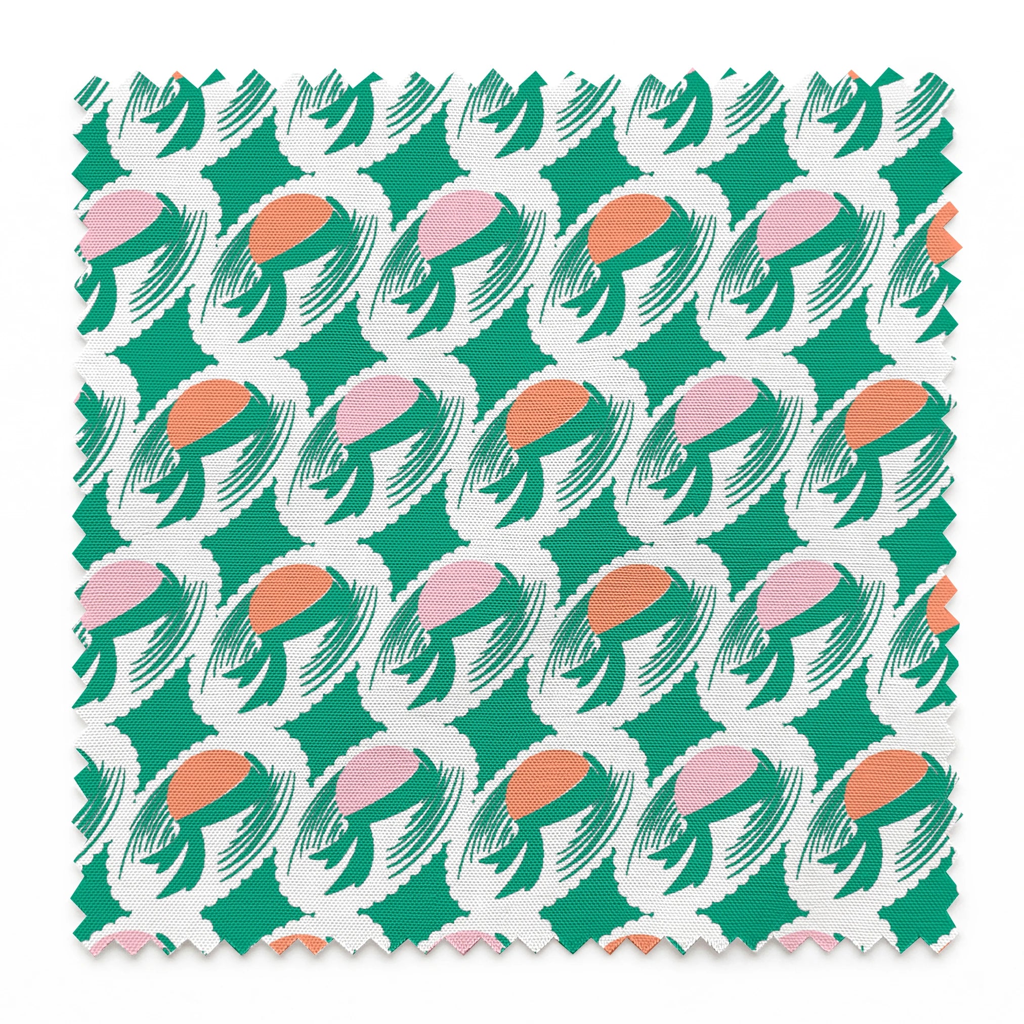 Abstract pattern with pink and orange oval shapes on green brushstroke backgrounds springs swatch pinked