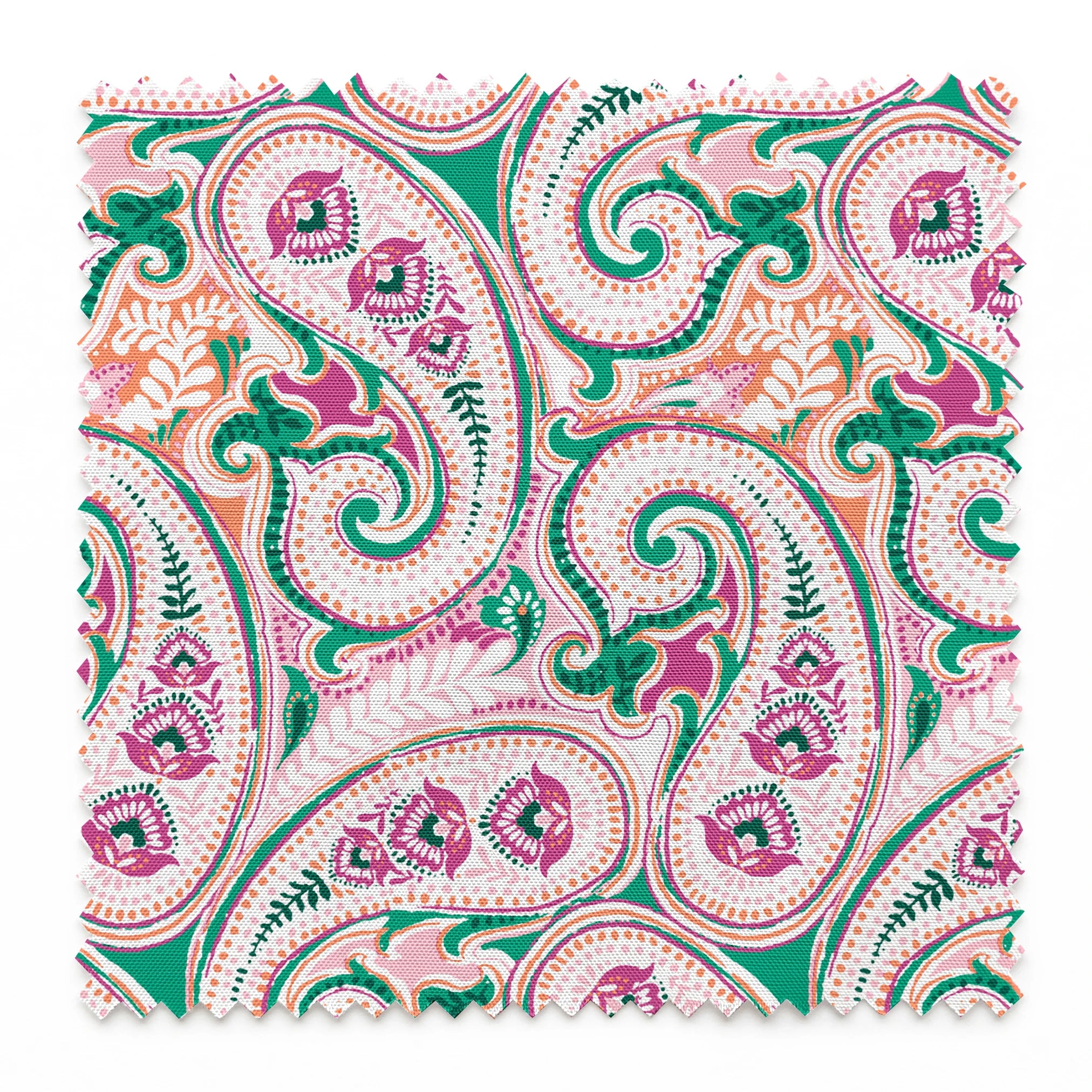 Colorful paisley pattern with swirling teardrop shapes in pink, green, and orange on light background springs swatch pinked