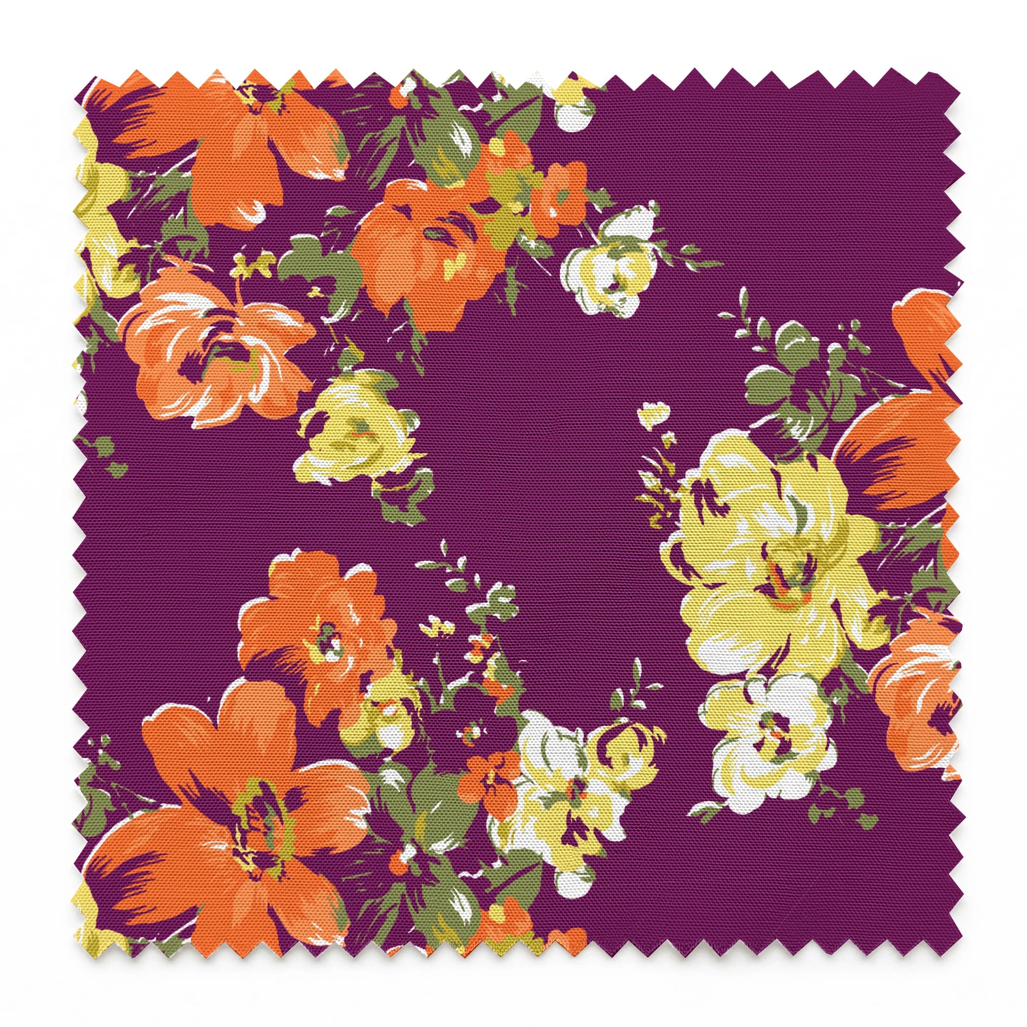 Vibrant floral pattern with orange and yellow blooms against a deep purple background springs swatch pinked
