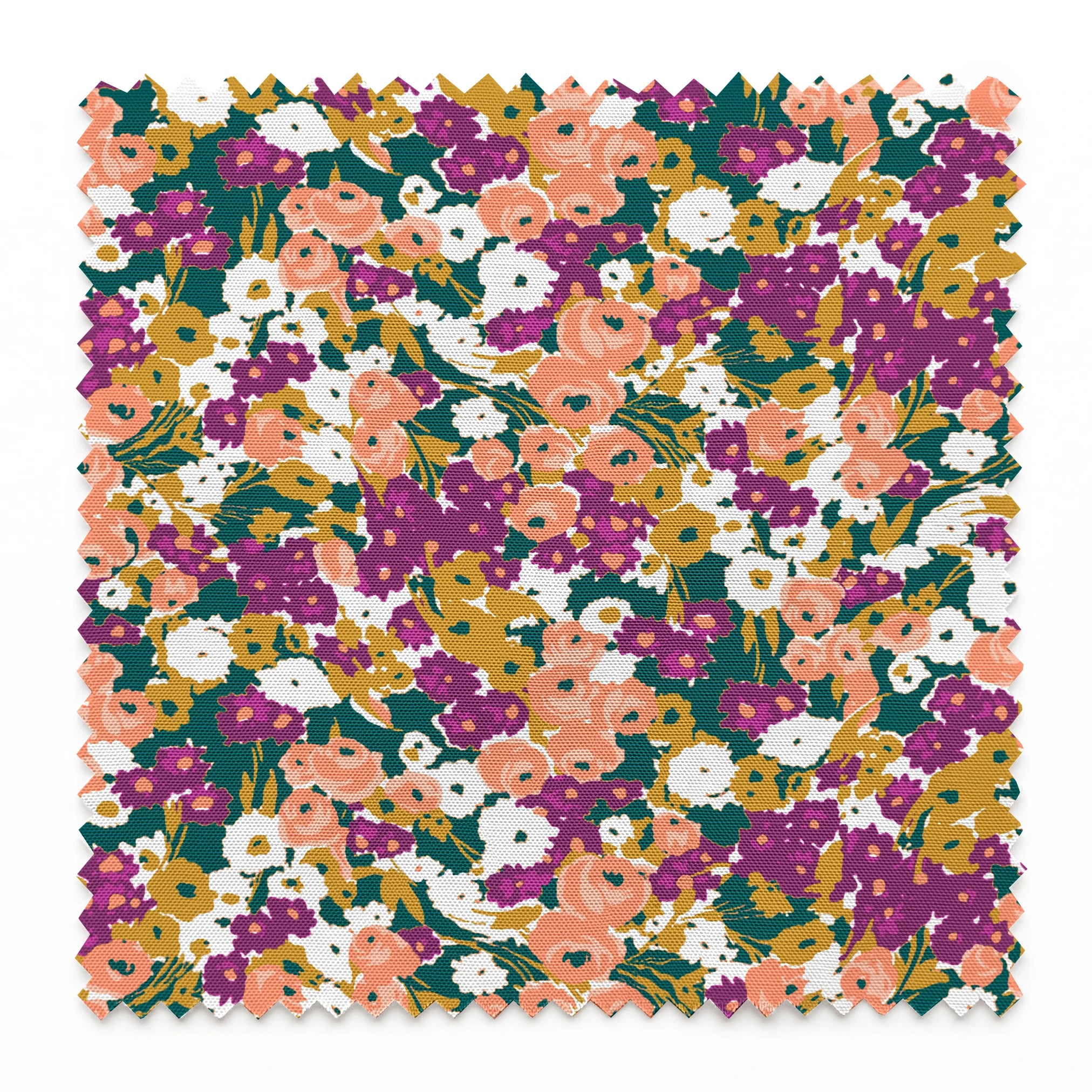 Vibrant floral pattern with peach, purple, white, and gold blooms against dark green foliage springs swatch pinked
