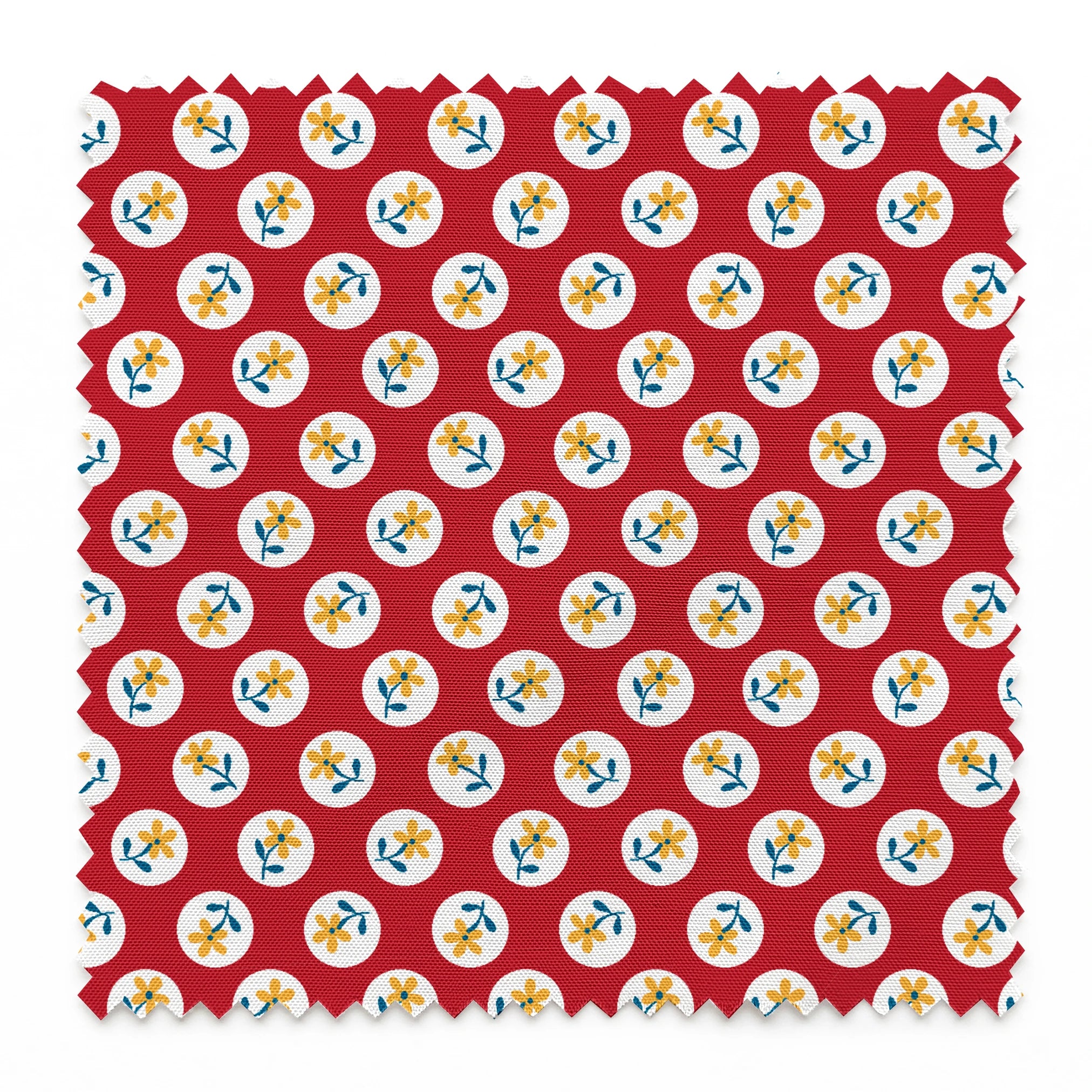 Yellow flowers with blue stems on white circles against red background in repeating pattern springs swatch pinked