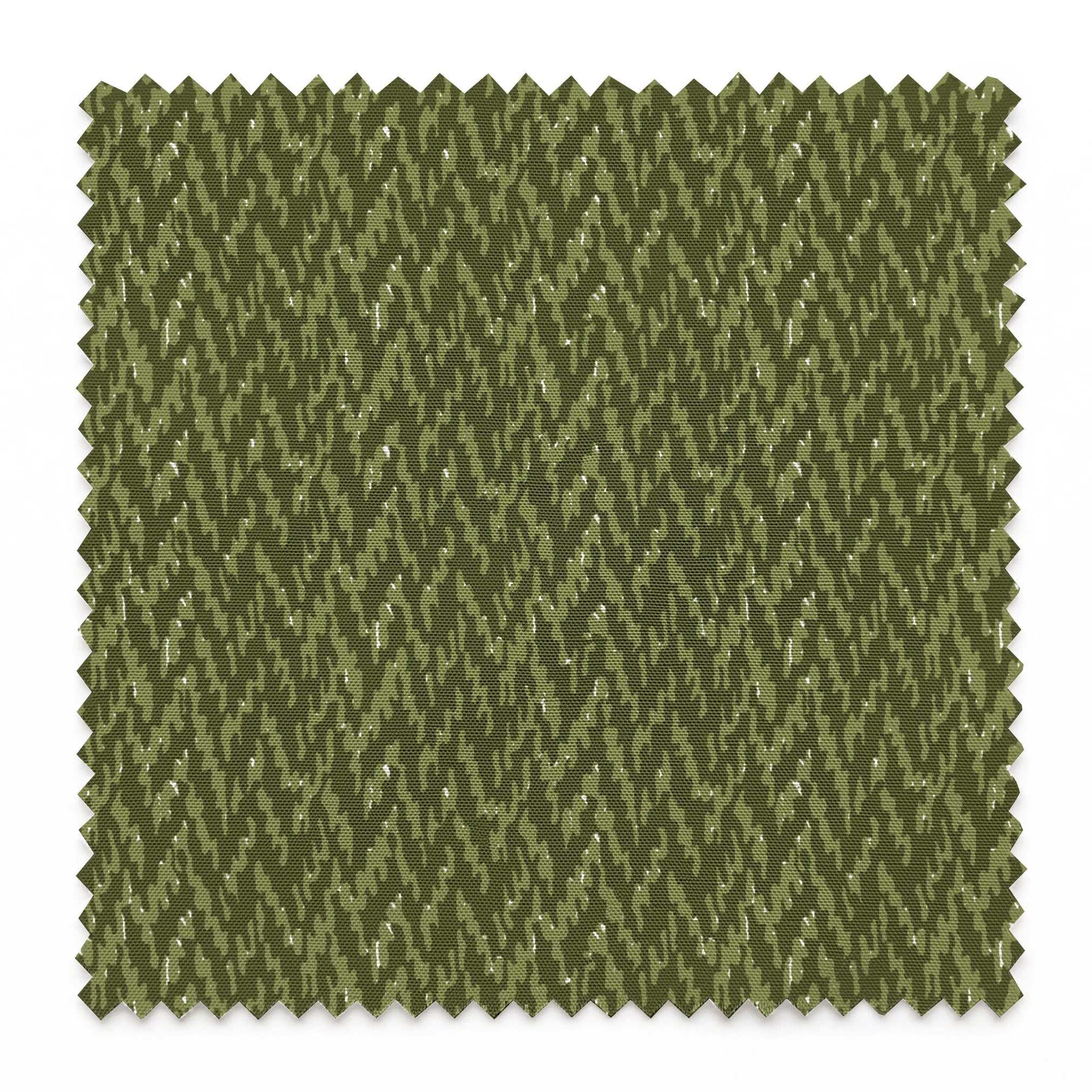 Military camouflage pattern in various shades of olive green with irregular vertical stripes springs swatch pinked