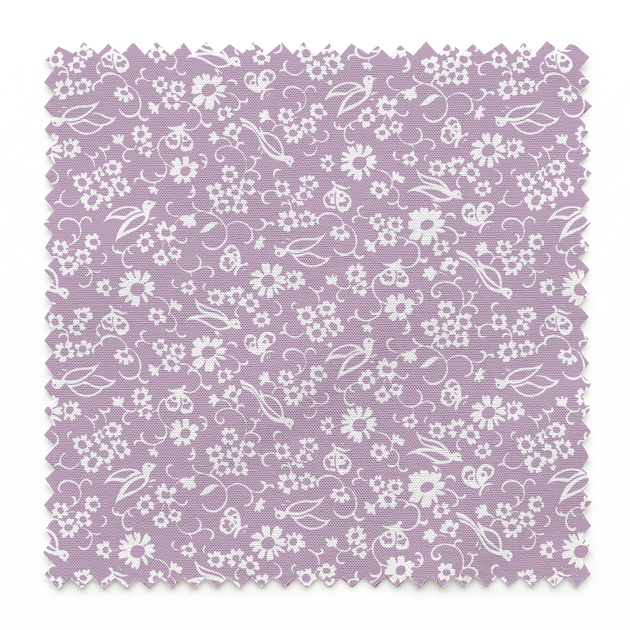 White floral pattern on lavender purple background with daisies and decorative swirls springs swatch pinked