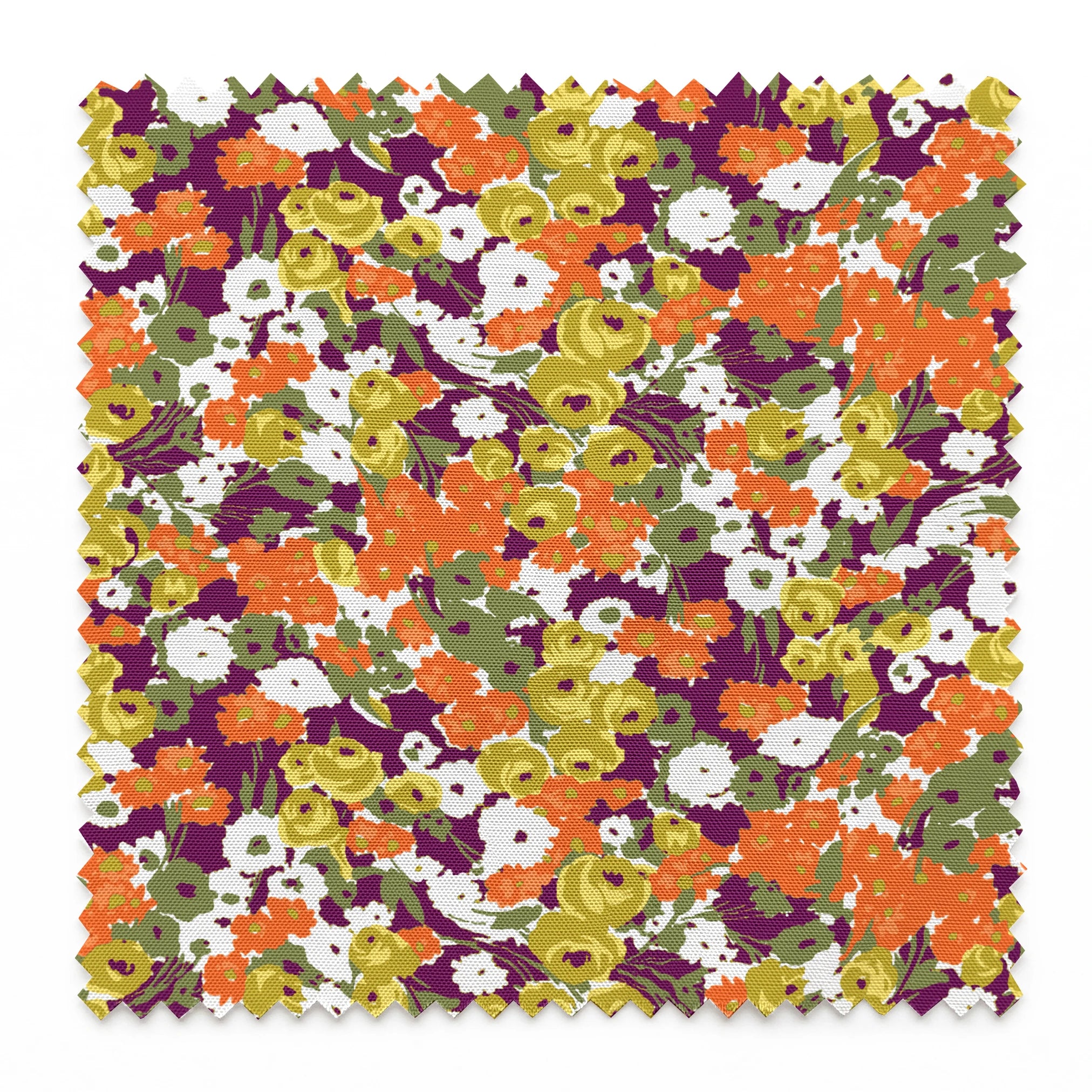 Vibrant floral pattern with white, orange, yellow, green, and purple abstract blooms springs swatch pinked