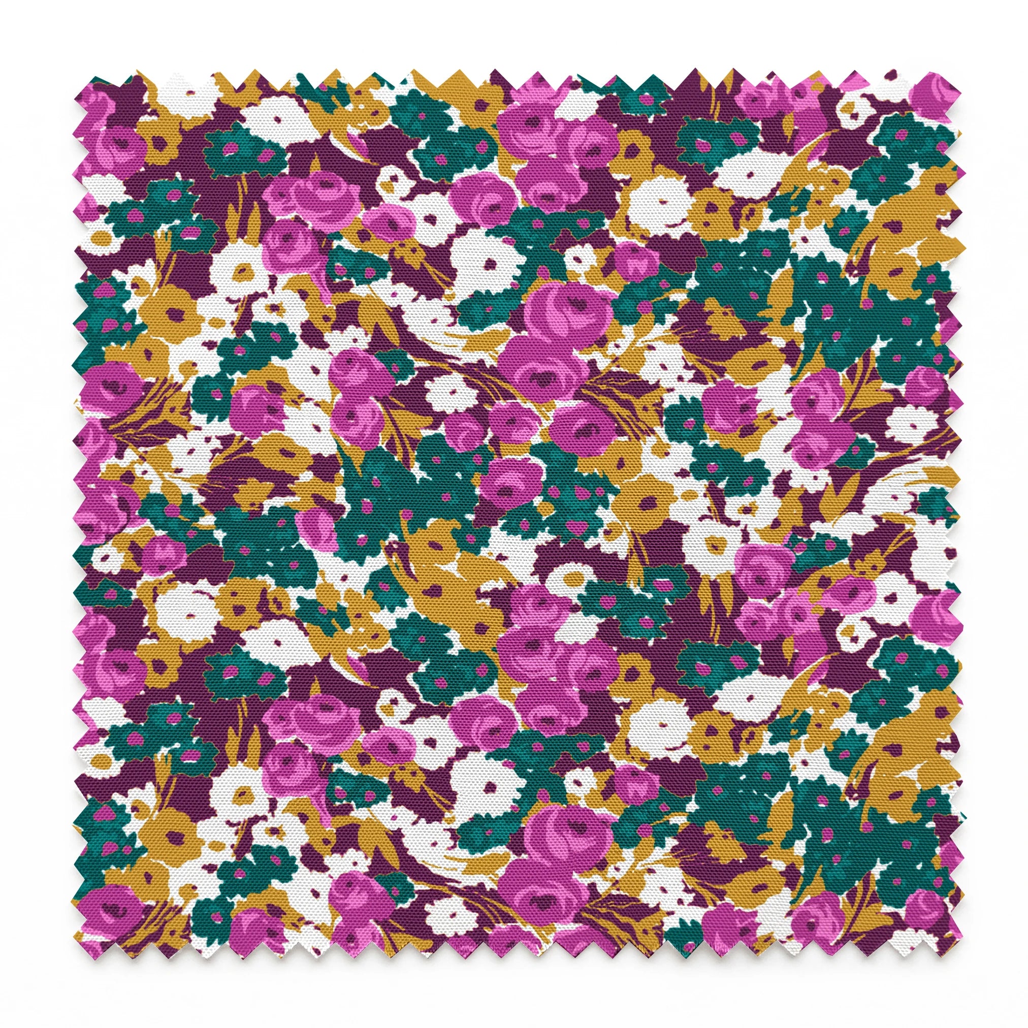 Vibrant floral pattern with purple, white, and gold flowers on teal background springs swatch pinked
