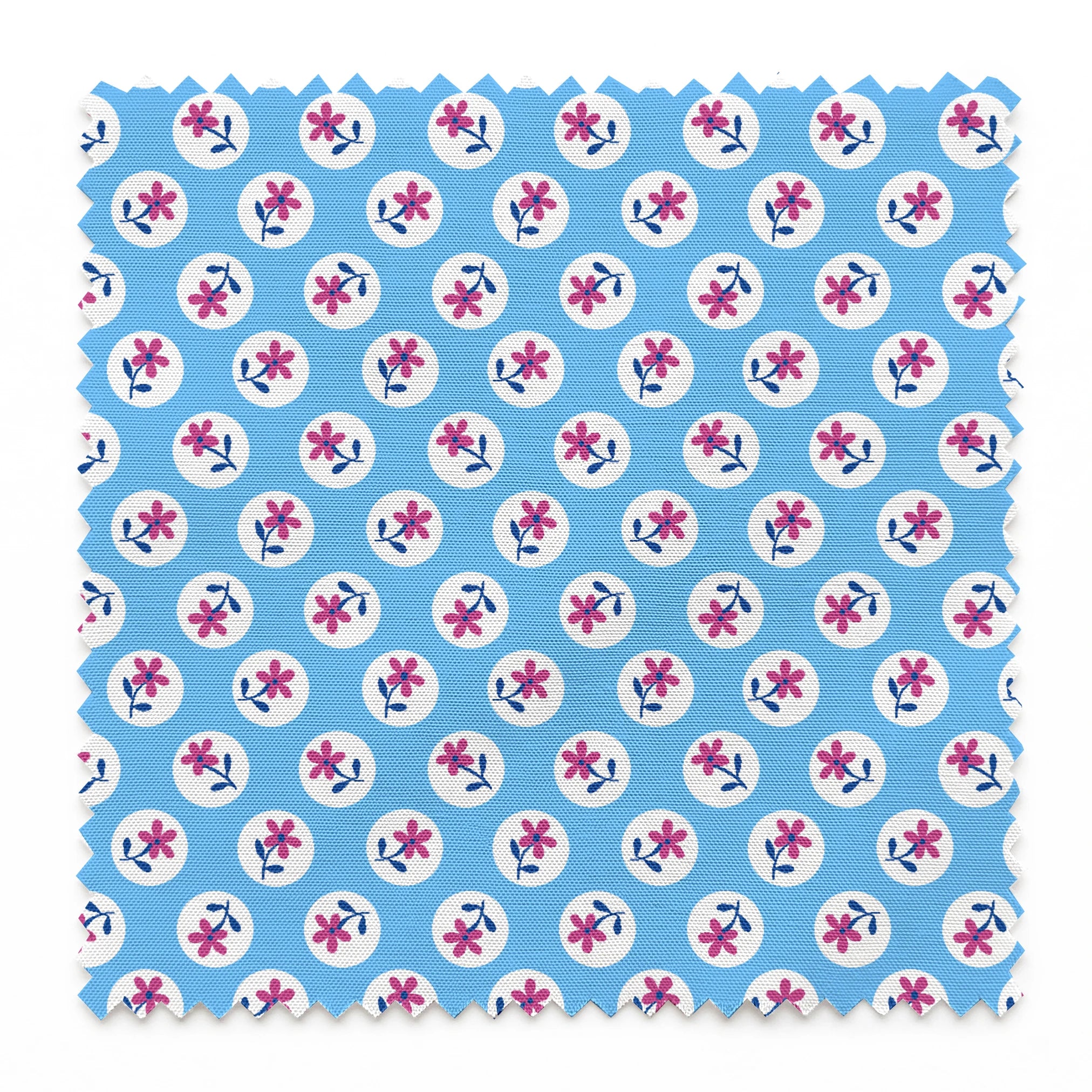 Purple flowers with blue stems inside white circles on light blue background pattern springs swatch pinked