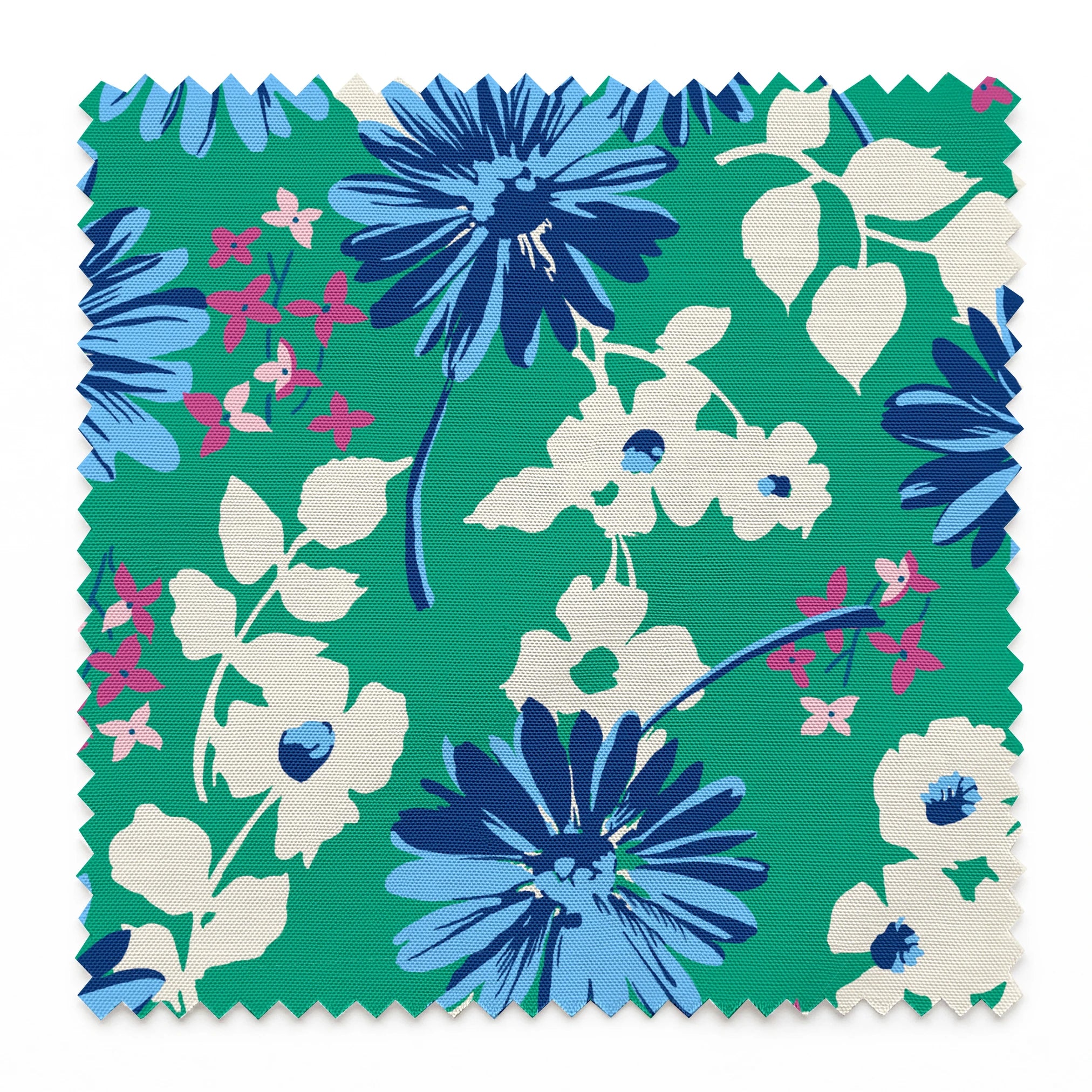 Vibrant floral pattern with blue spiky flowers and white blooms on a green background springs swatch pinked
