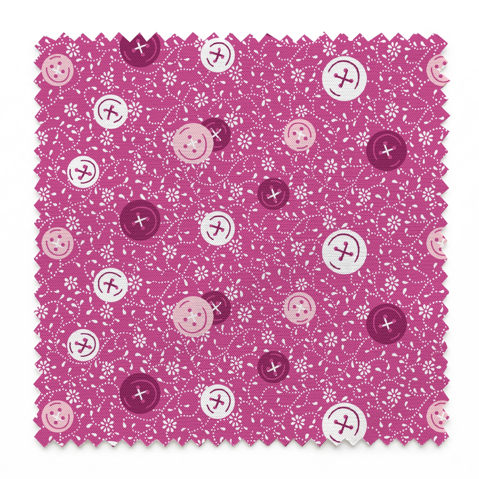 Magenta background with white floral pattern and buttons scattered throughout springs swatch pinked