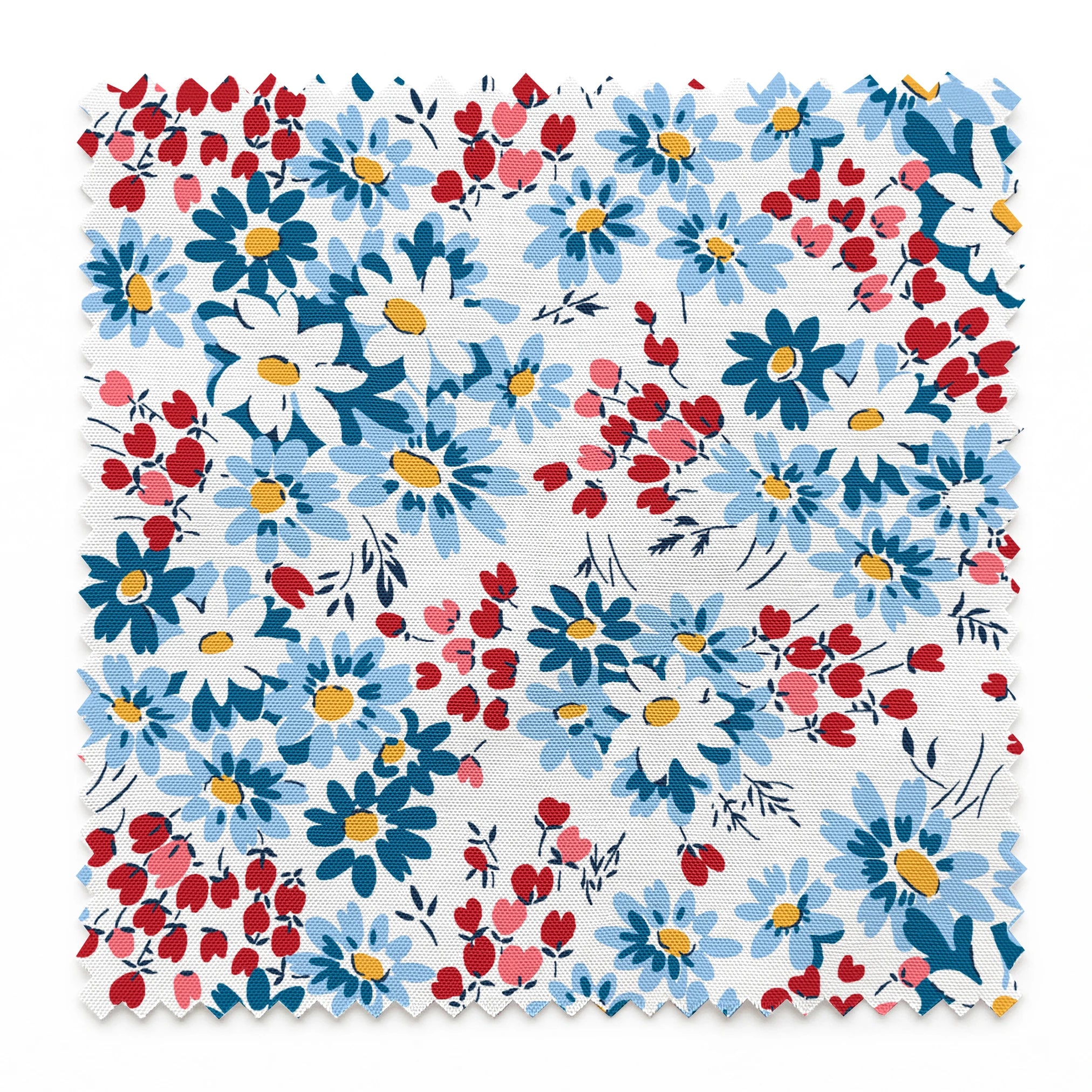 Blue and white daisies with small red berries scattered across a light background in a floral pattern springs swatch pinked