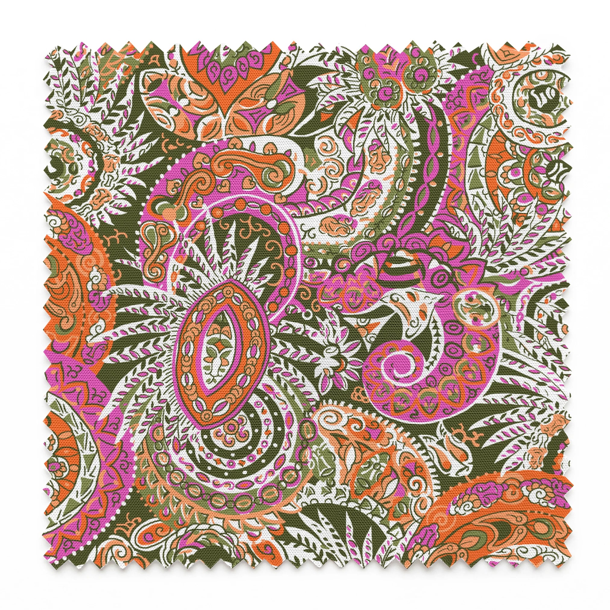 Vibrant paisley pattern with swirling designs in pink, orange, yellow and white on textured background springs swatch pinked