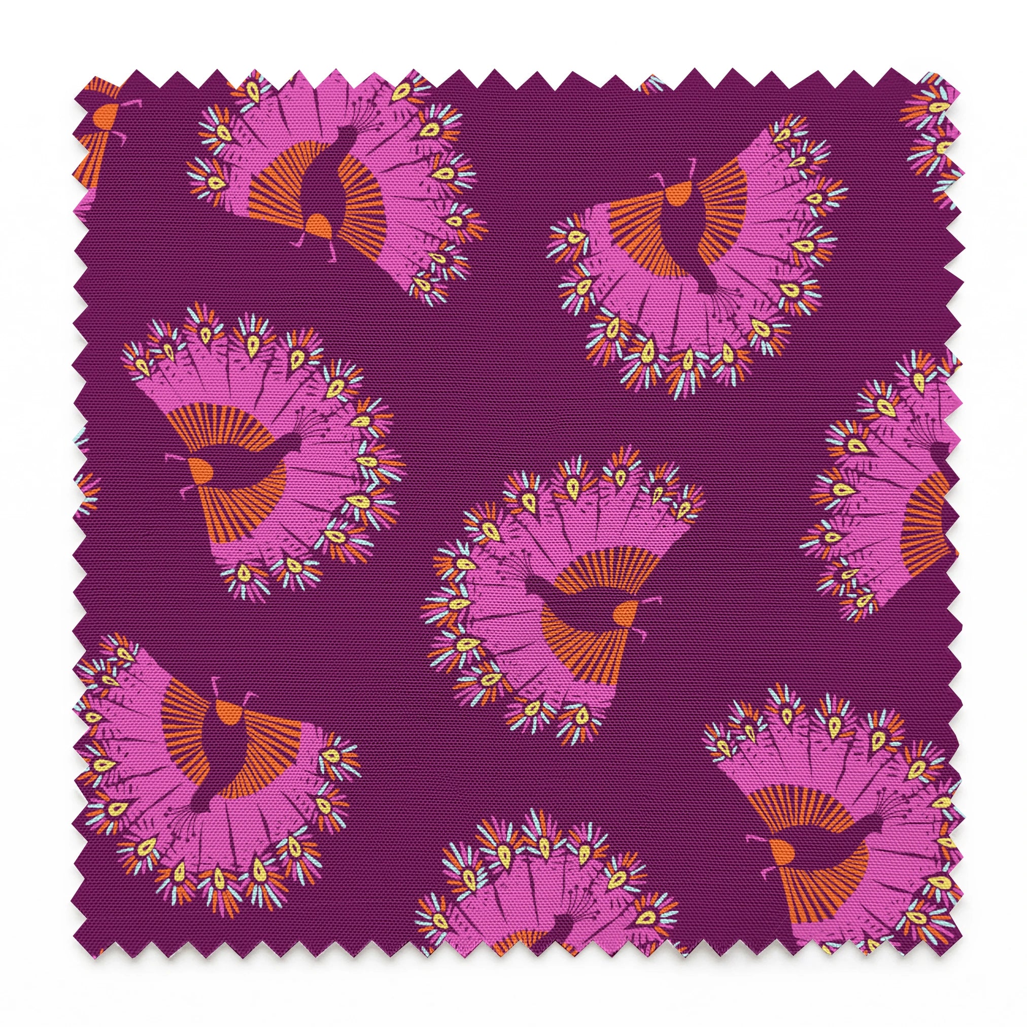 Decorative pattern with peacocks arranged in circular formations against a deep purple background springs swatch pinked