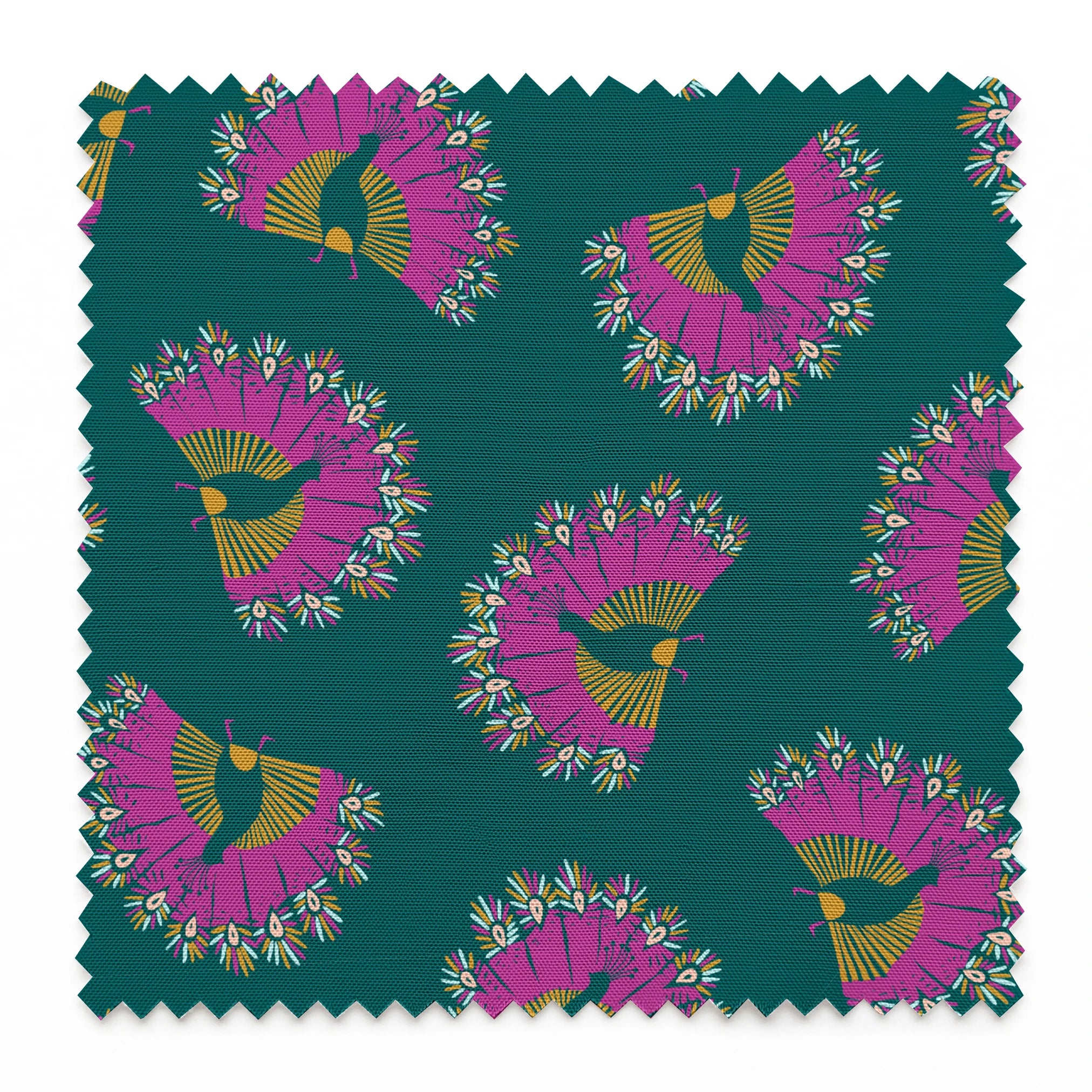 Vibrant pattern of pink circular bursts with yellow-green bird silhouettes on teal background springs swatch pinked