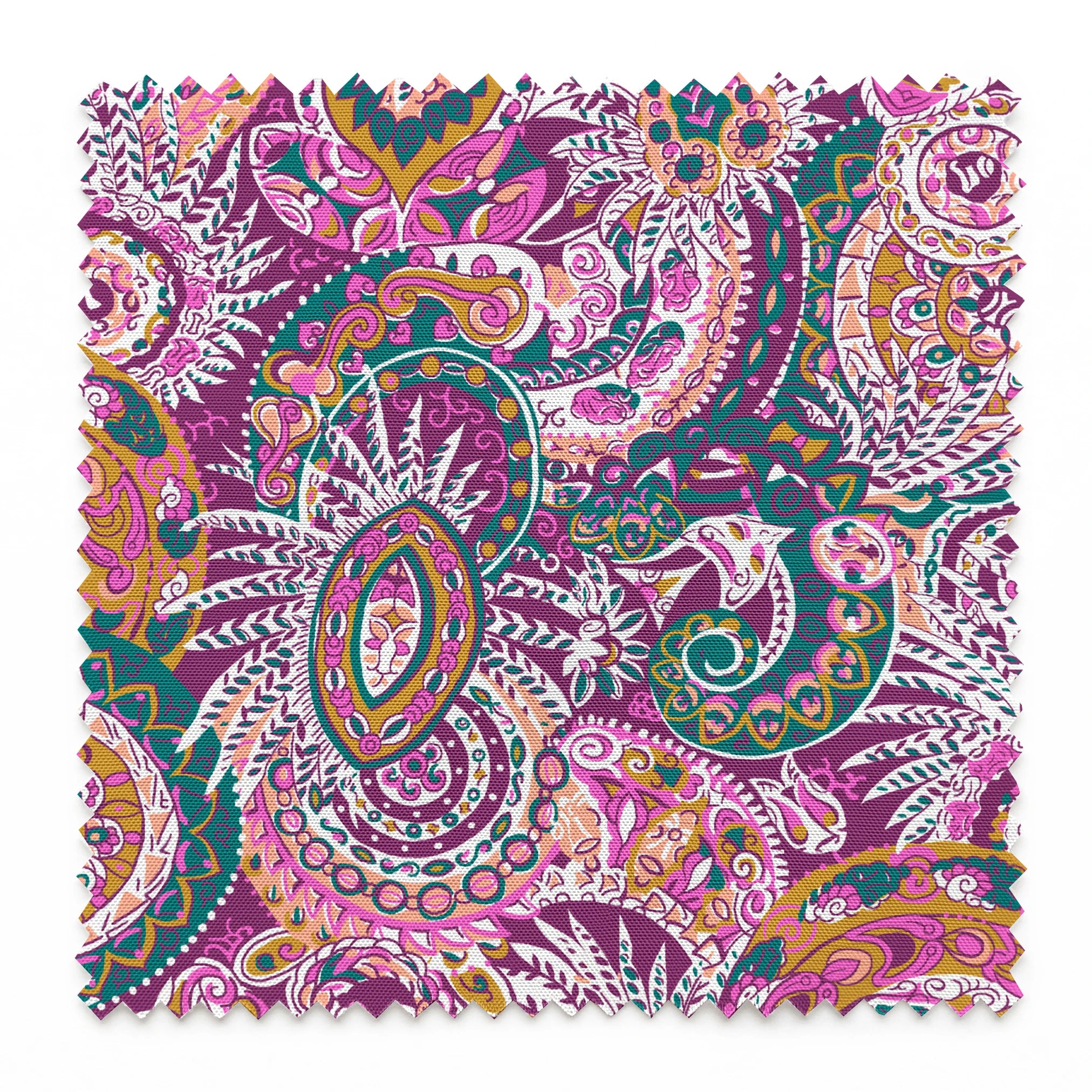Colorful paisley pattern with intricate swirls in purple, pink, orange, and teal tones springs swatch pinked