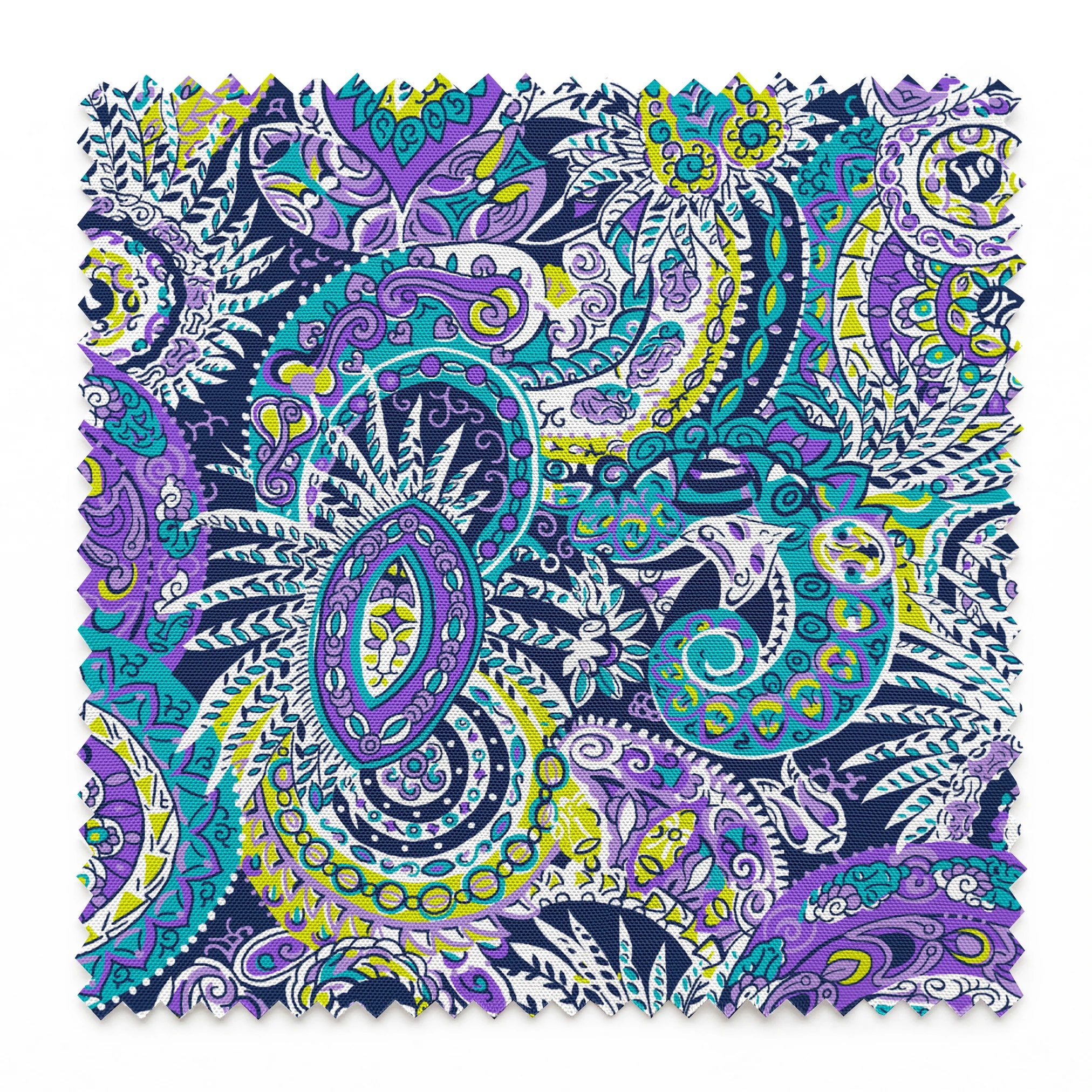 Vibrant paisley pattern with swirling designs in purple, blue, yellow, and white springs swatch pinked