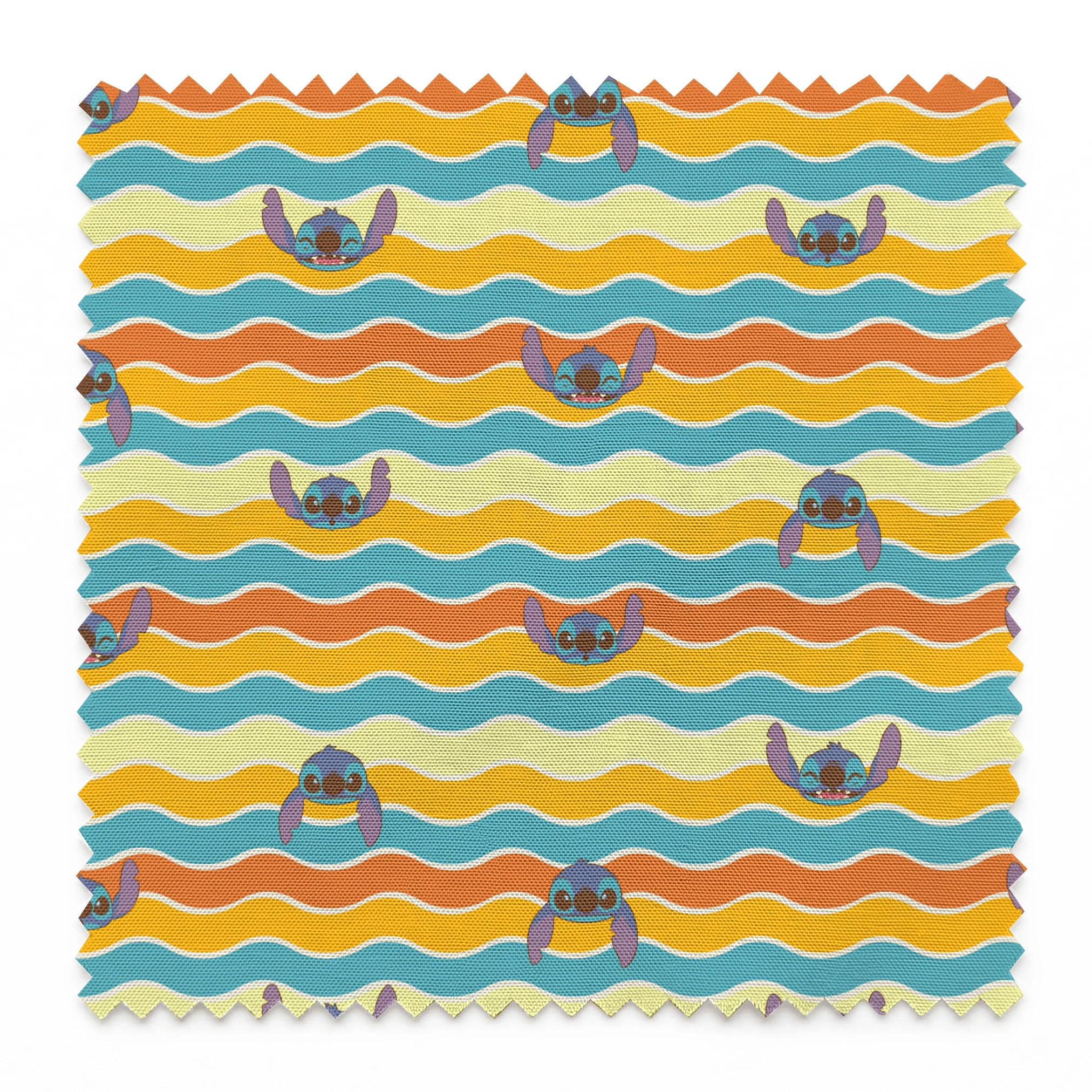 Colorful wavy striped pattern with Stitch peeking between orange, yellow, and teal waves springs swatch pinked