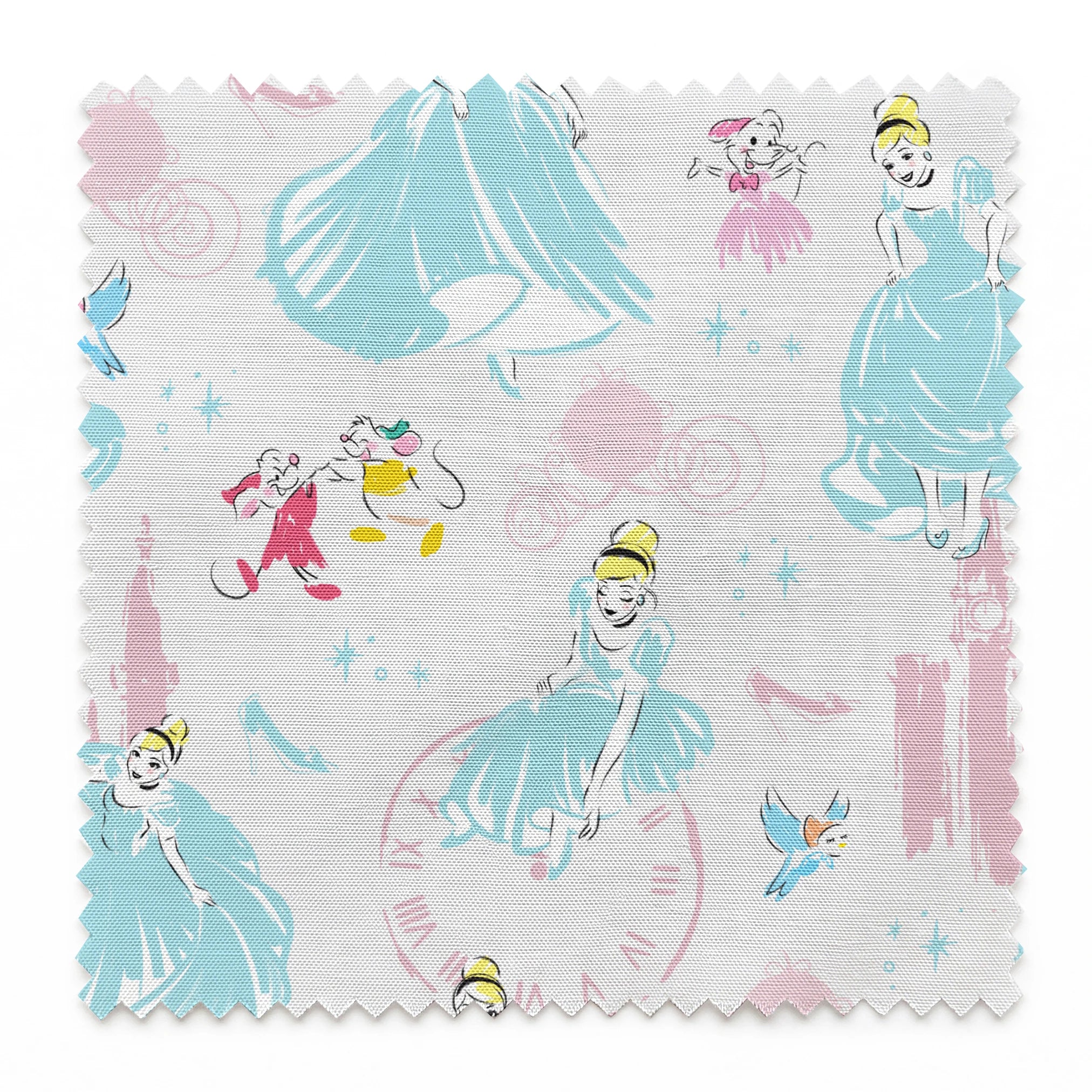 Dreamy Cinderella pattern with blue gowns, castle silhouettes, glass slippers, and blue birds on pale background springs swatch pinked