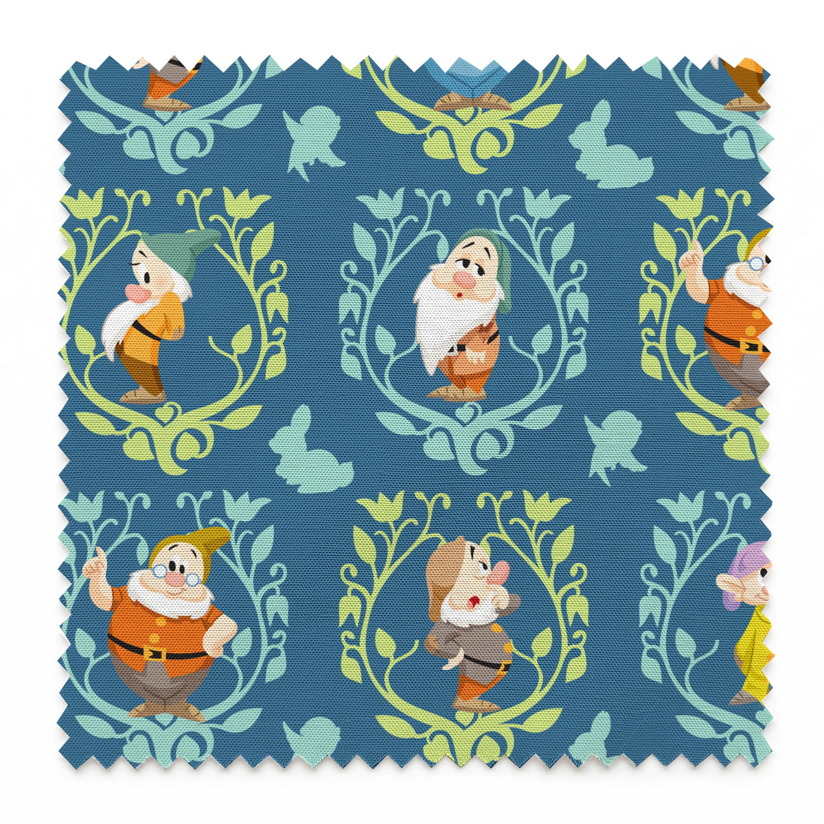 Pattern of cartoon birds in decorative oval frames on blue background with leaf motifs springs swatch pinked