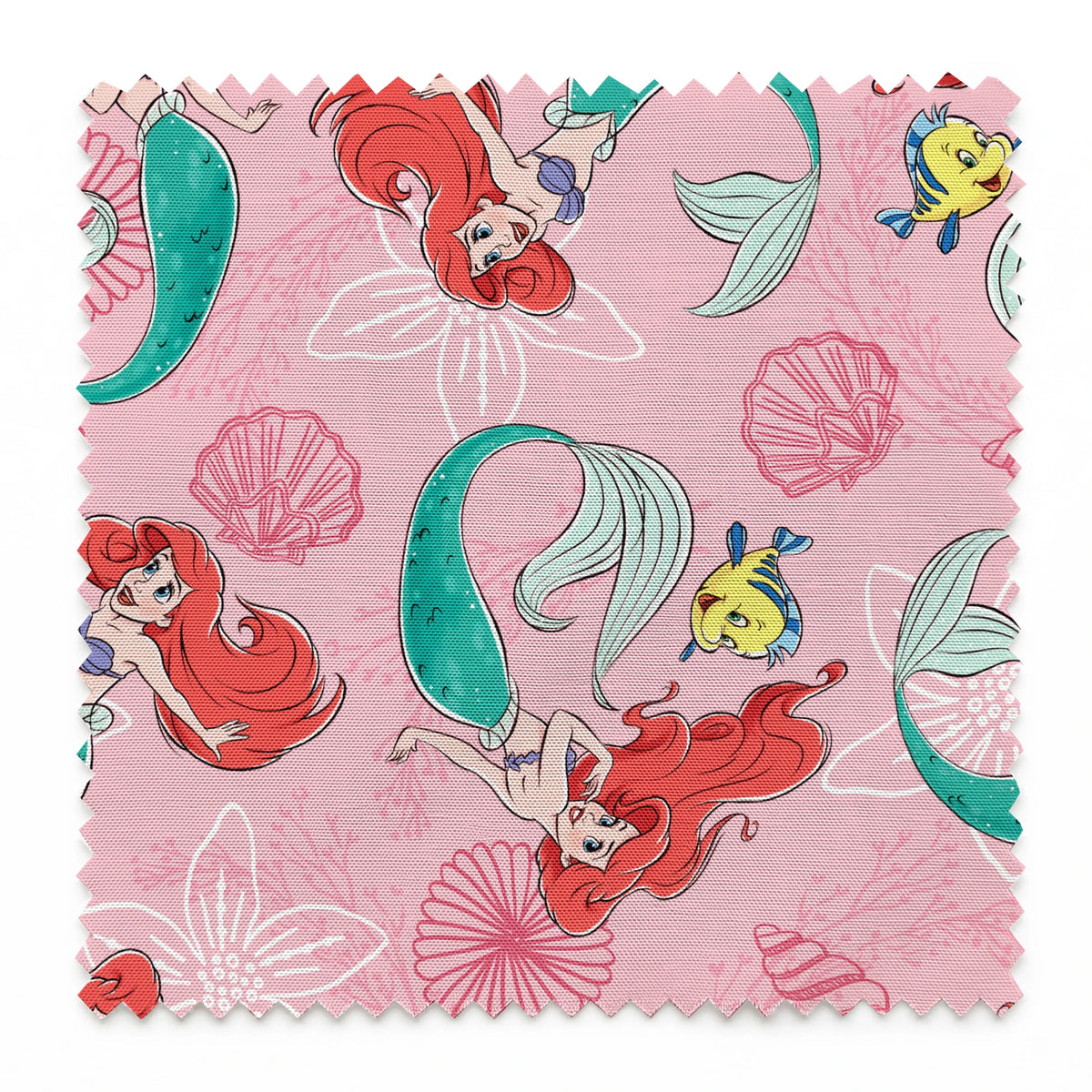 Illustrated pattern of mermaids with red hair and green tails swimming with yellow fish on pink seashell background springs swatch pinked