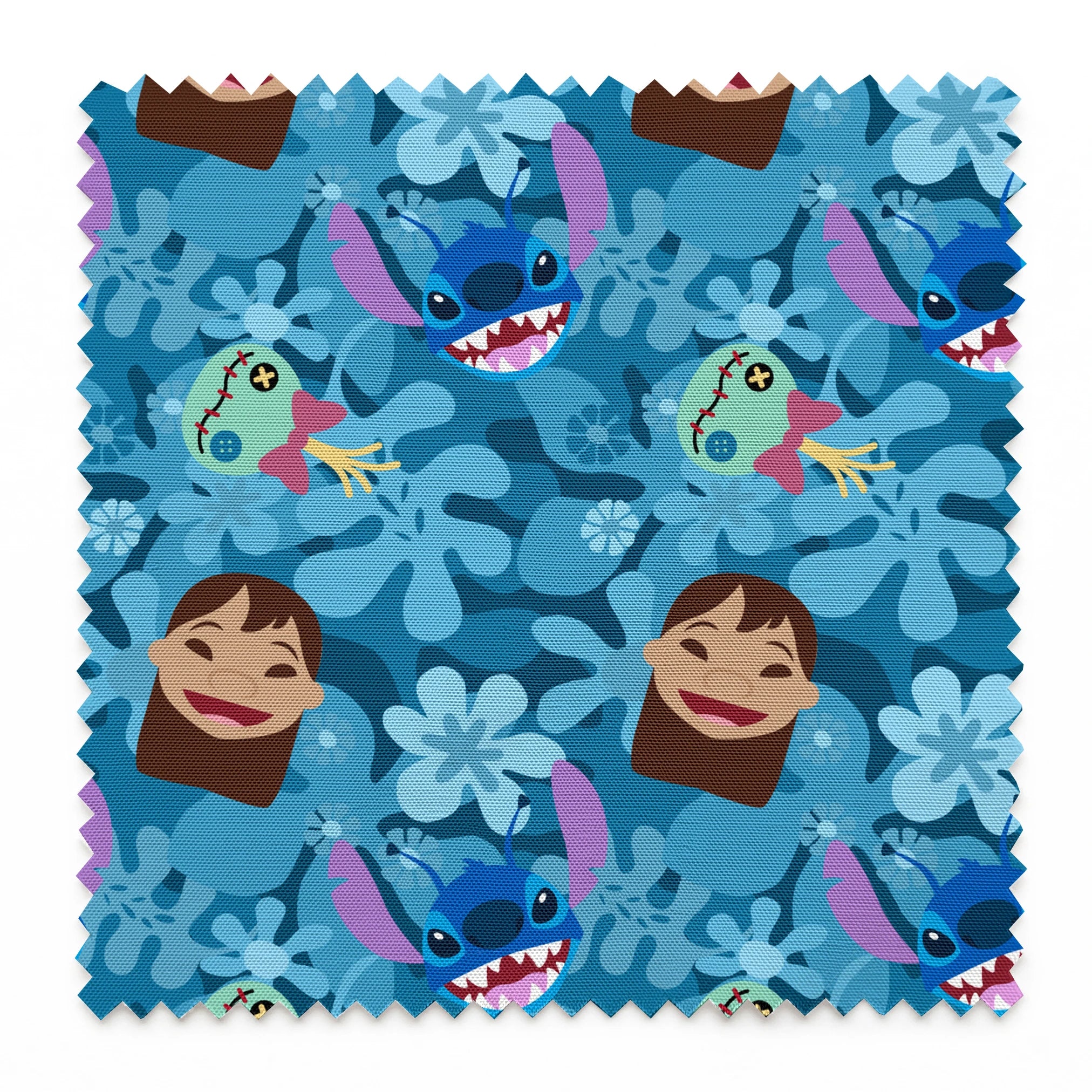 Disney's Stitch among floral elements and smiling faces on turquoise background springs swatch pinked
