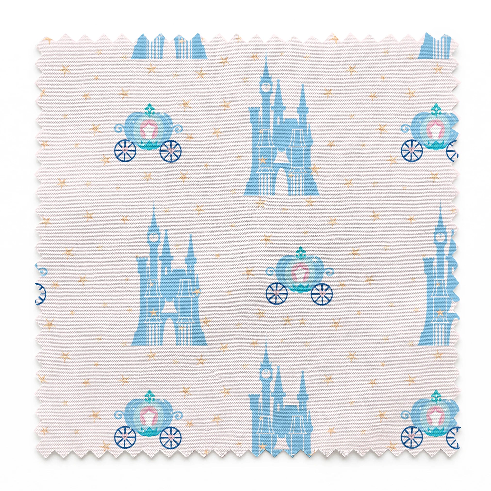 Cinderella pattern with blue castles, carriages, and gold stars on pale pink background springs swatch pinked