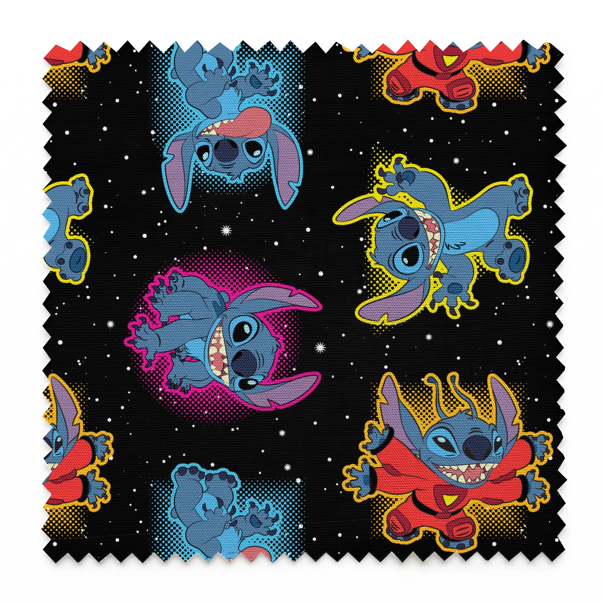 Colorful Stitch with pink accents on black starry background pattern springs swatch pinked