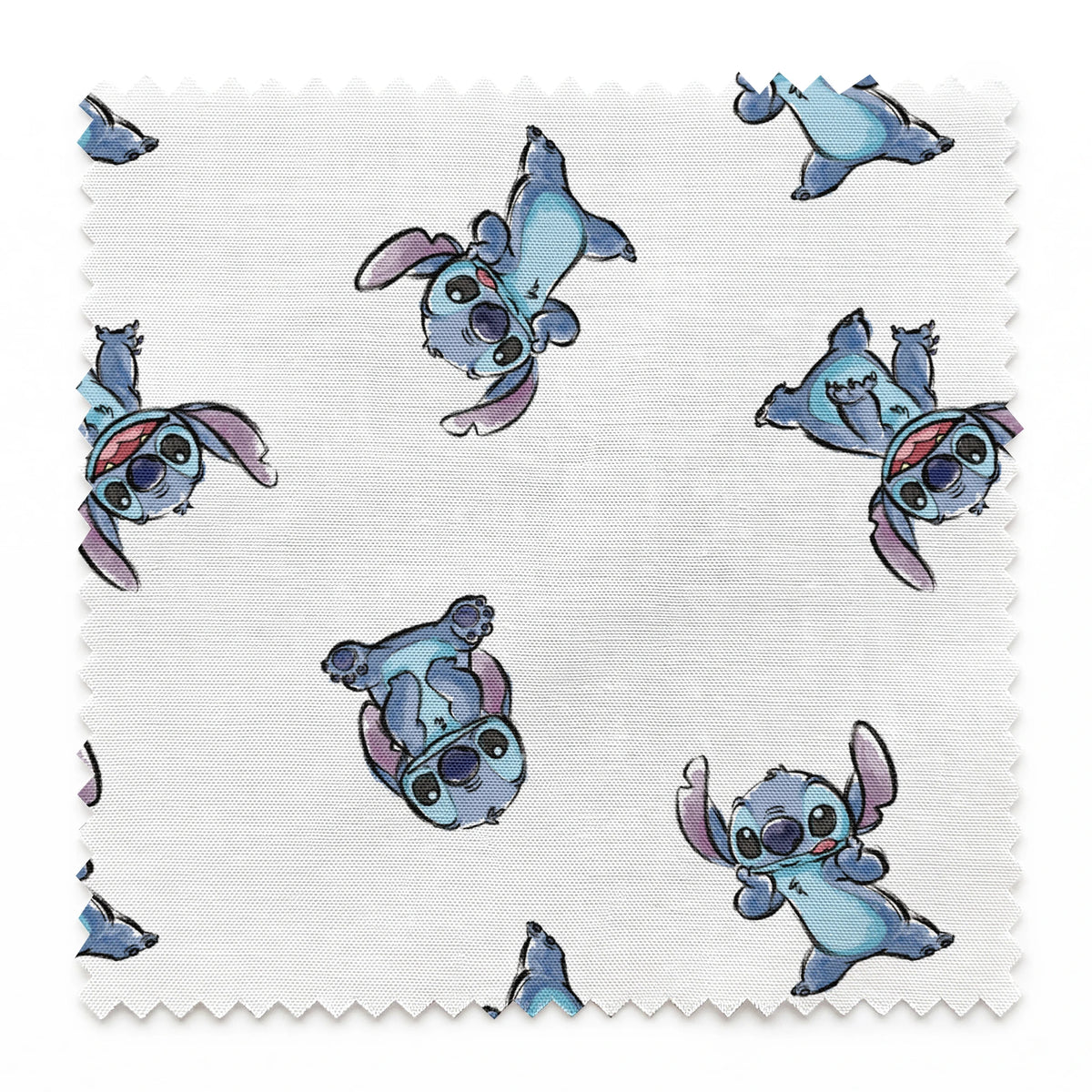 Blue cartoon Stitch characters from Disney's Lilo & Stitch in various playful poses on white background springs swatch pinked