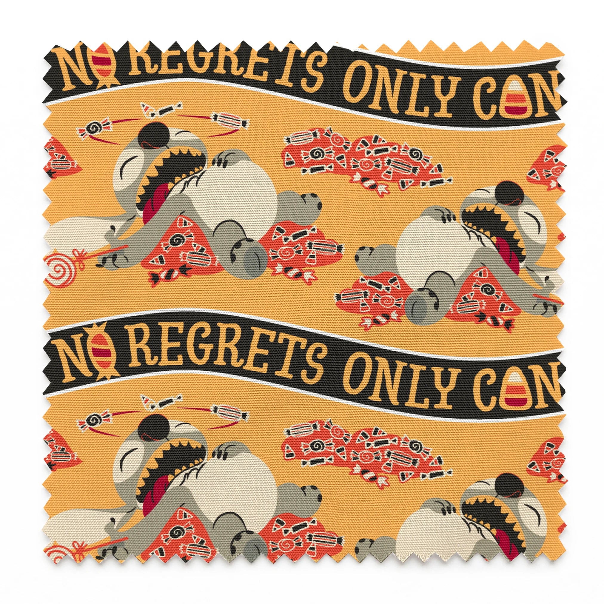 Repeating pattern with "NO REGRETS ONLY CANDY" text, featuring Disney's Stitch and candy corn on orange background. springs swatch pinked