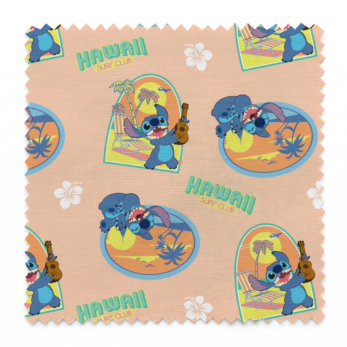 Disney's Stitch character on peach background with Hawaii-themed illustrations featuring surfboards, ukulele, and tropical imagery springs swatch pinked