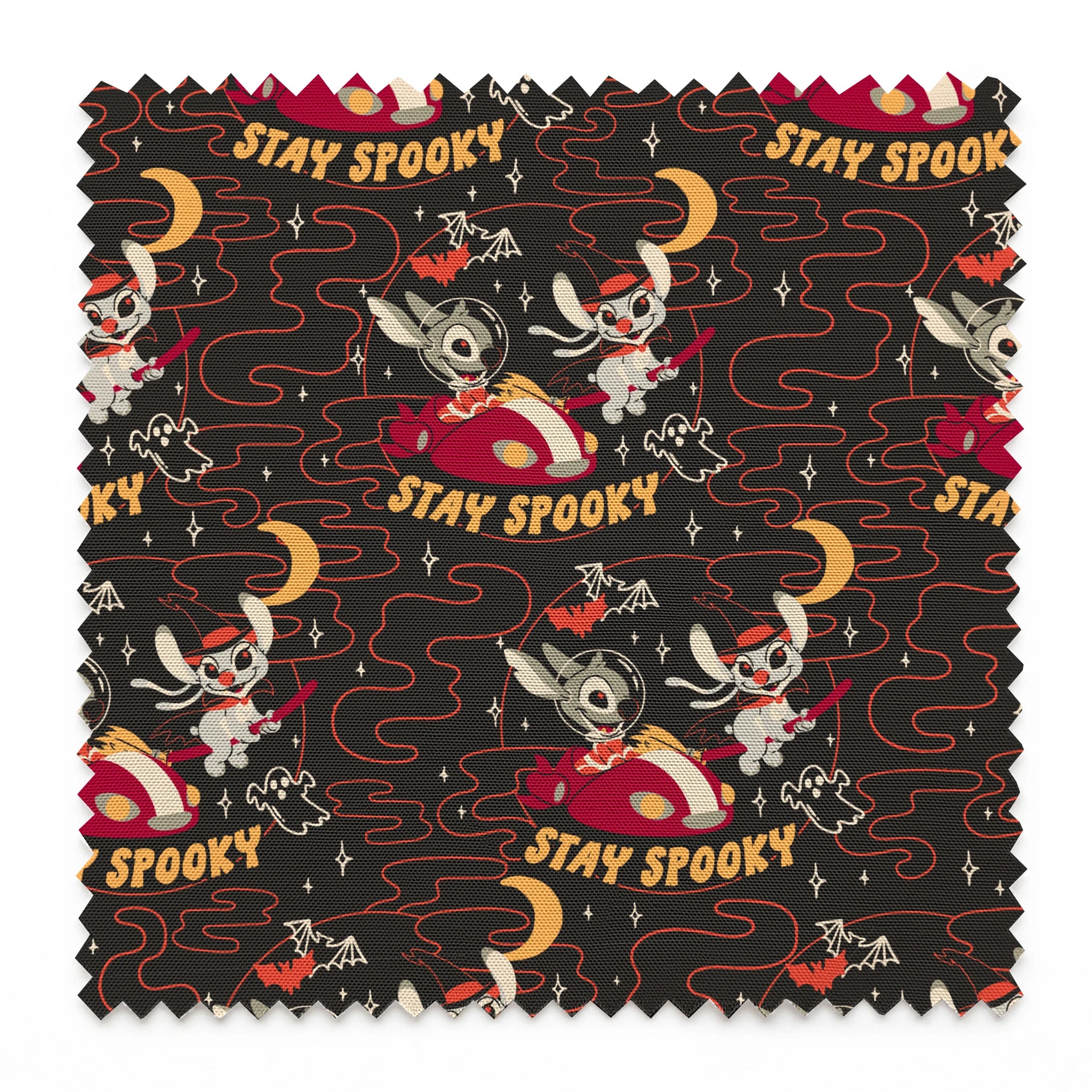 Repeating Halloween pattern with Stitch, "STAY SPOOKY" text, crescent moons, and swirling red lines on dark background. springs swatch pinked
