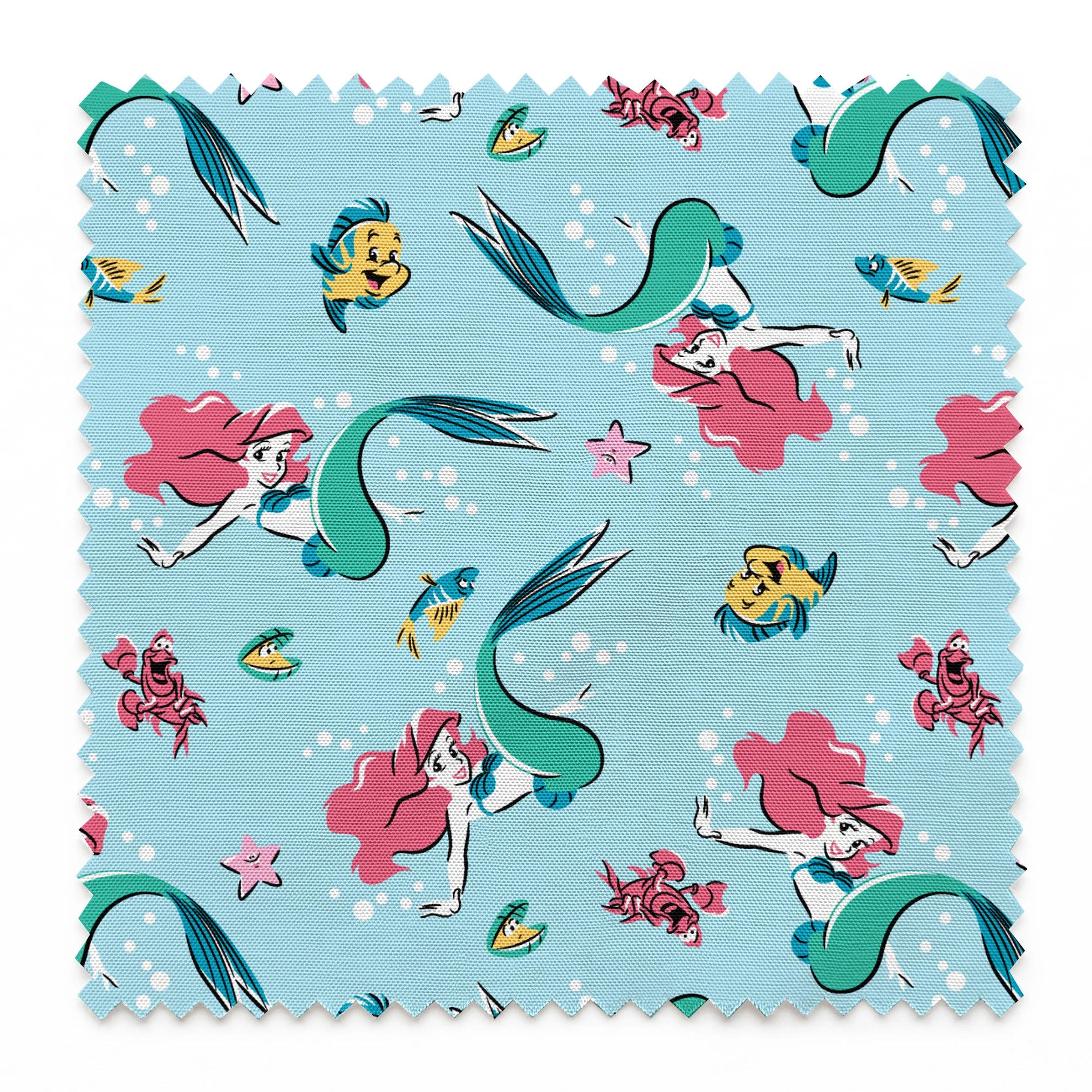 Underwater pattern with colorful mermaids, tropical fish, crabs, and starfish on light blue background springs swatch pinked