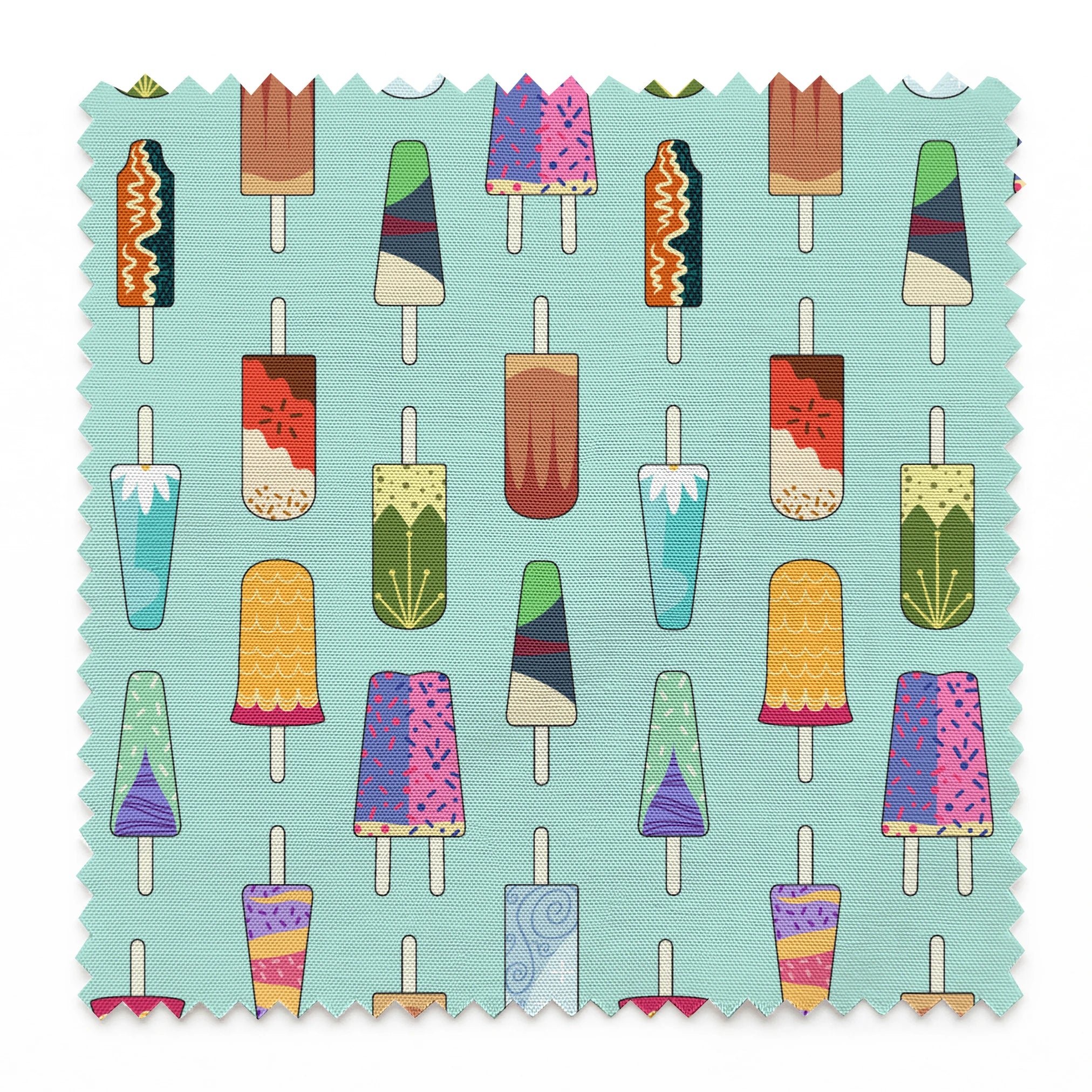Disney Princess popsicle pattern on light teal background with various ice cream designs and styles springs swatch pinked