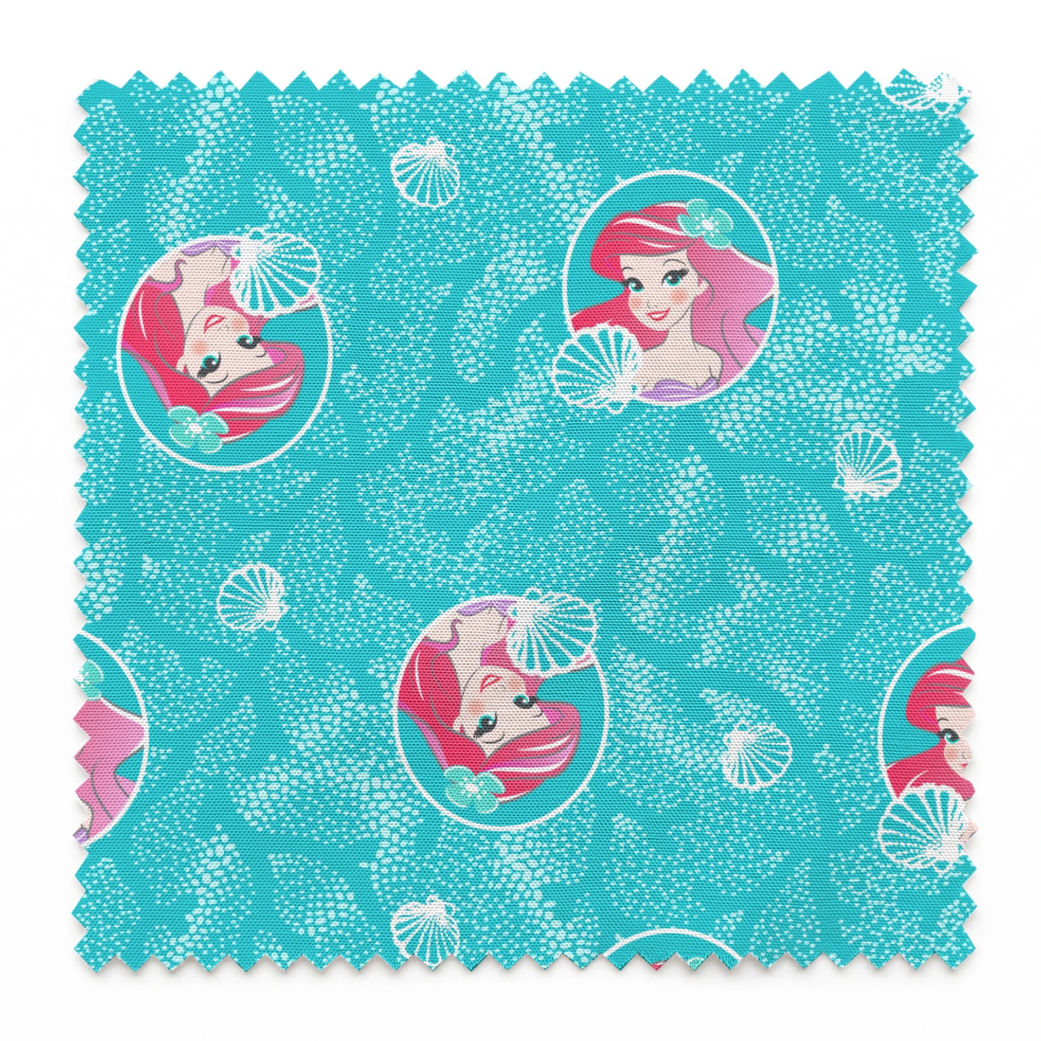 The Little Mermaid pattern with Ariel in turquoise circles on aqua background with seashells springs swatch pinked
