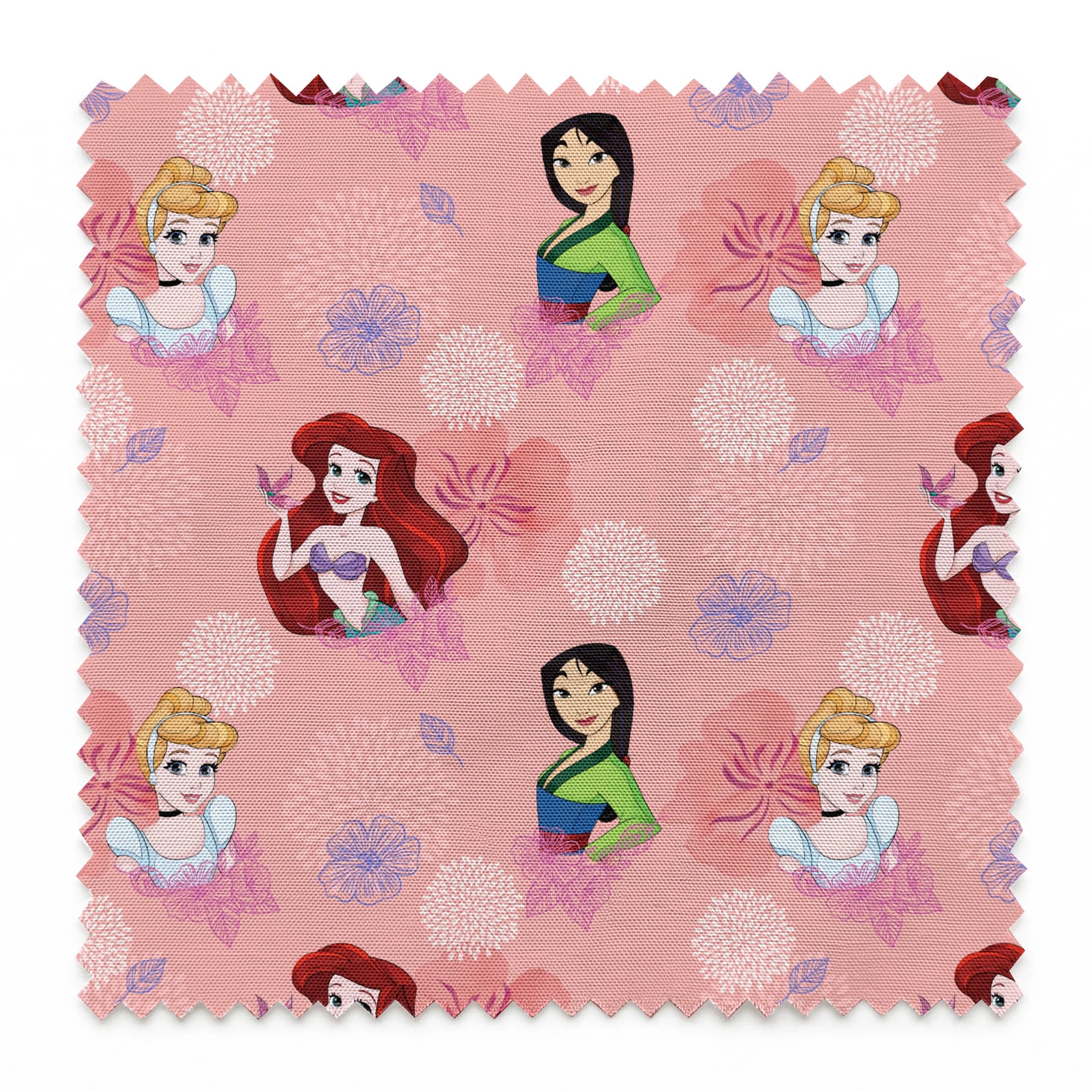 Disney princess characters on pink floral background with delicate flower patterns springs swatch pinked
