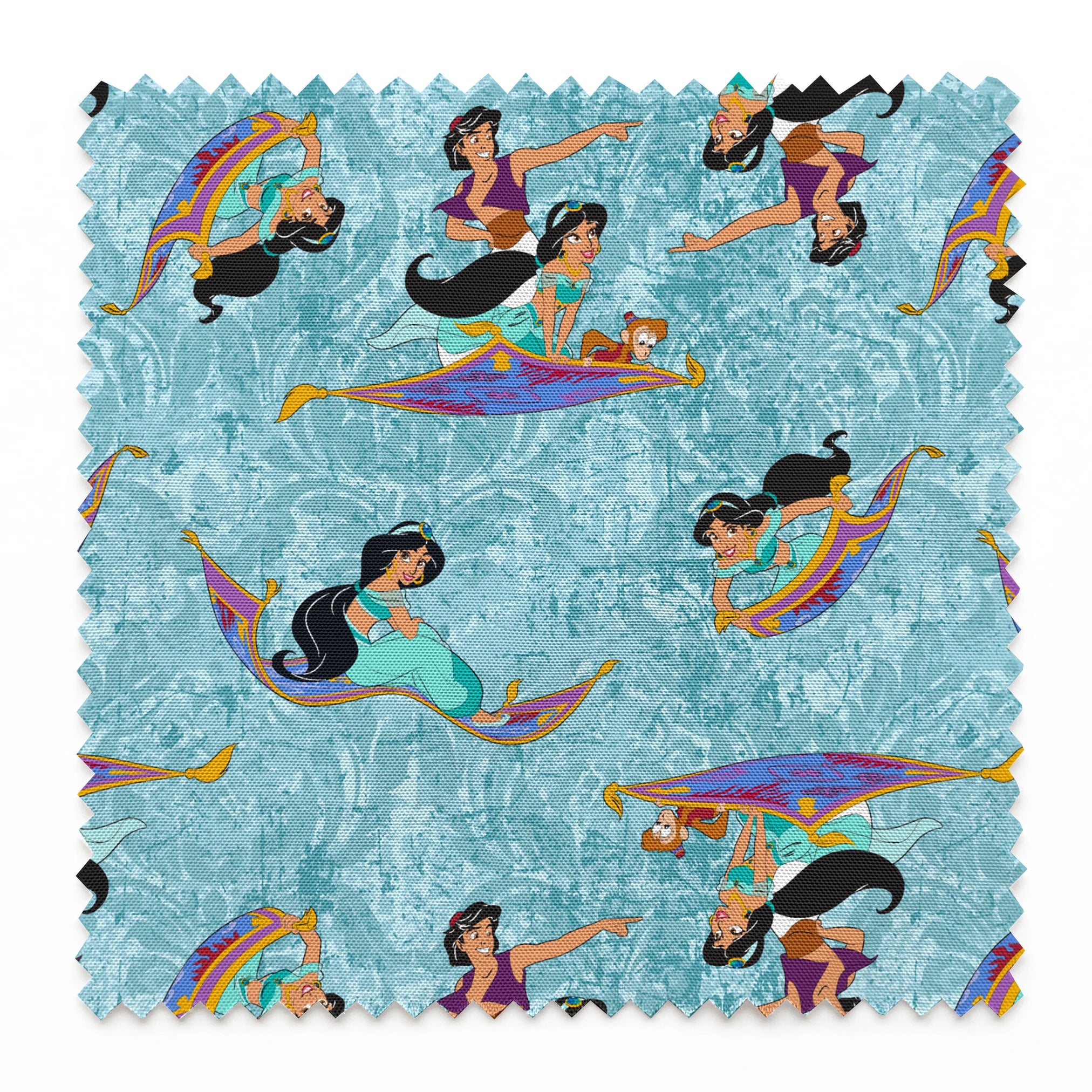 Aladdin and Princess Jasmine riding magic carpets against a light blue marbled background pattern springs swatch pinked