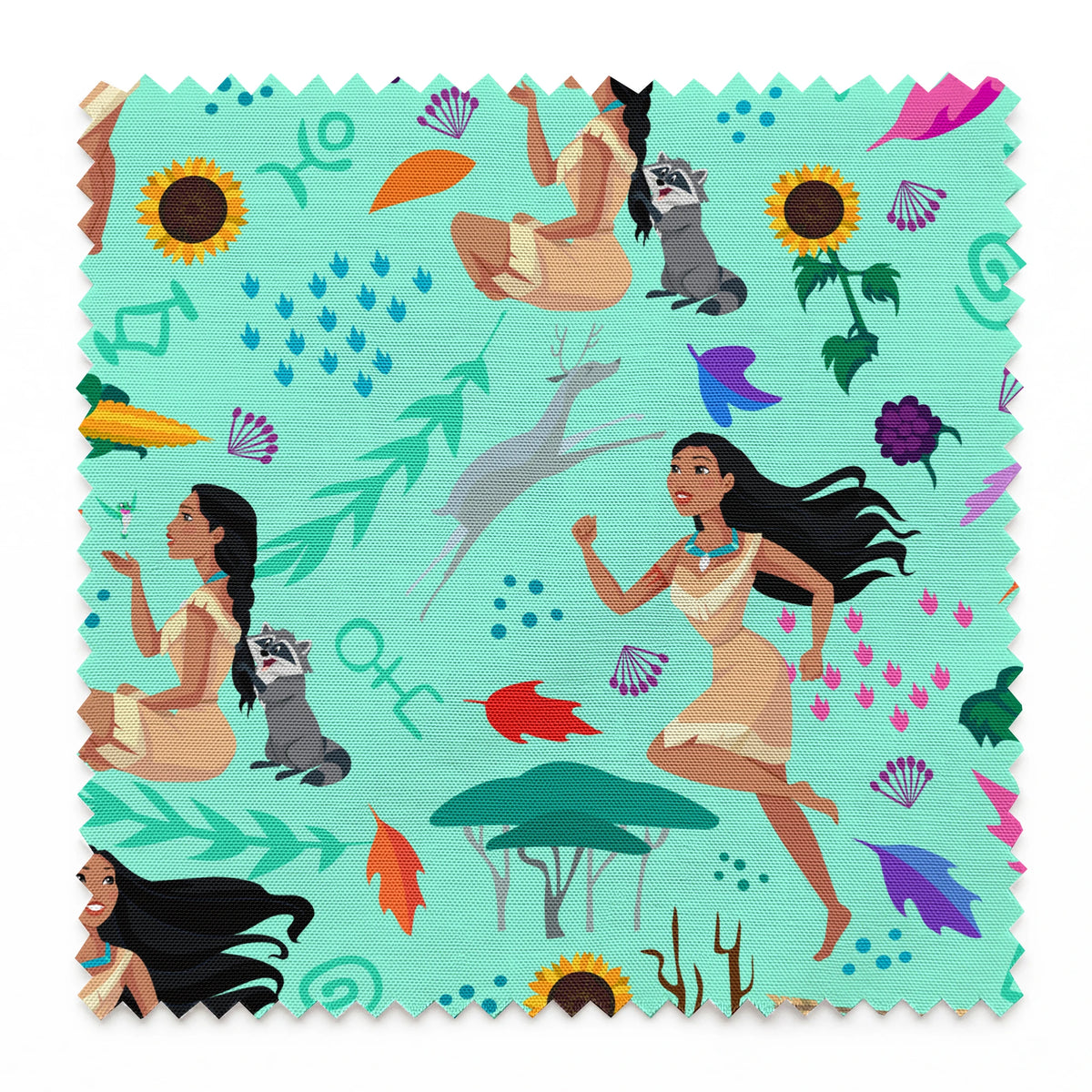 Colorful pattern with figures in nature motifs featuring sunflowers, leaves, and flowing design elements on turquoise background springs swatch pinked