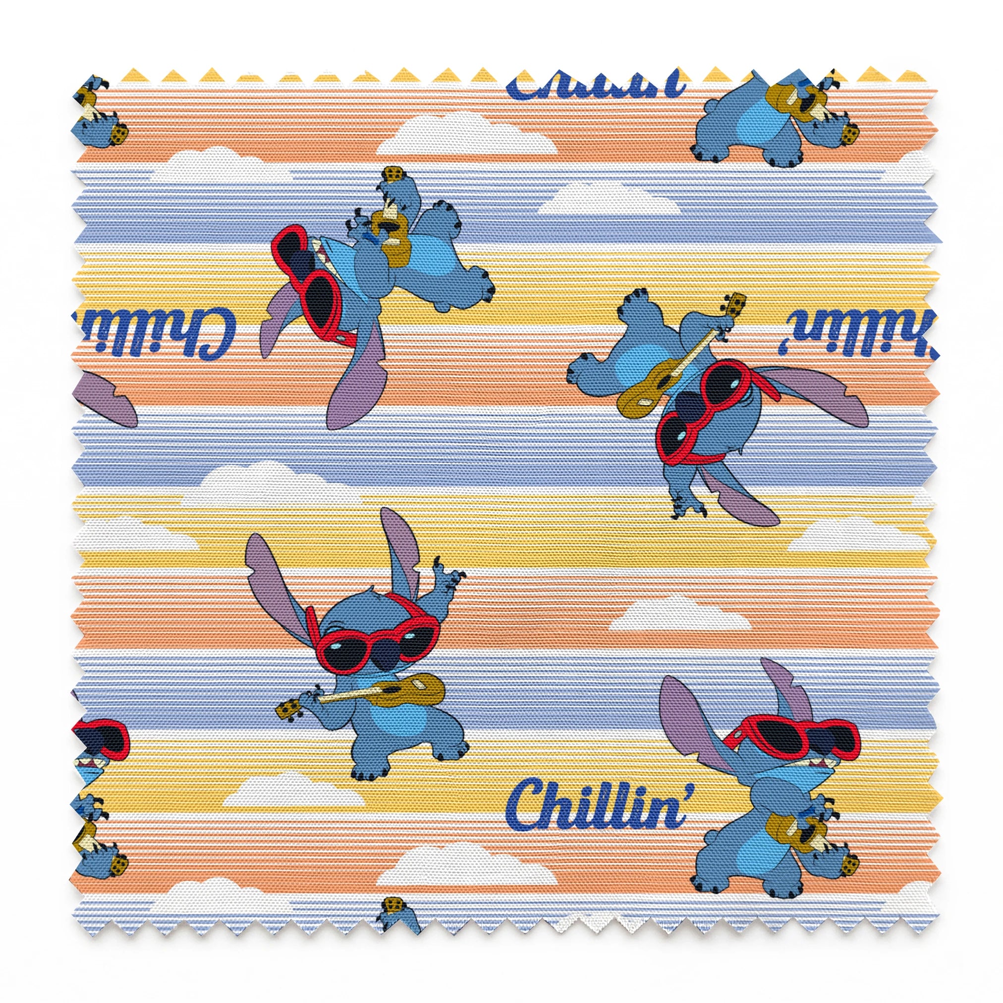 Stitch cartoon character pattern on striped yellow and blue background with "Chillin'" text springs swatch pinked