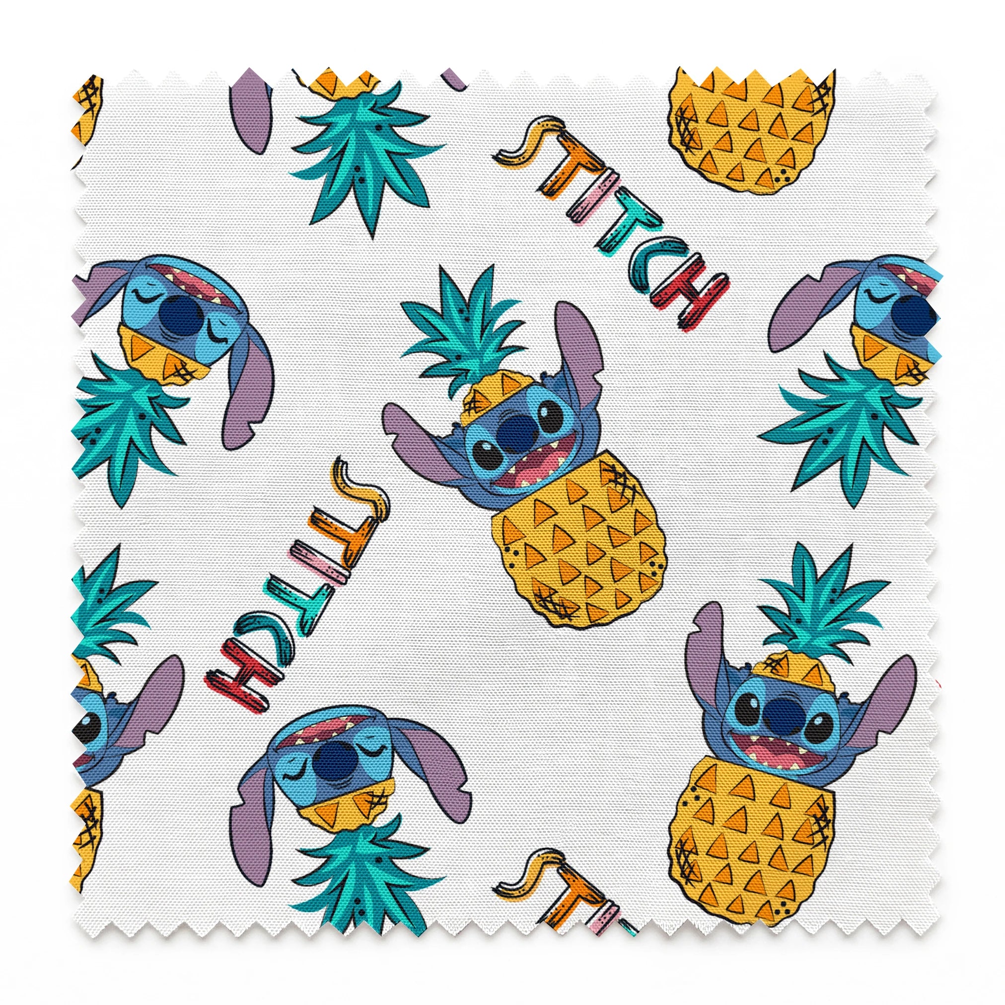 Colorful pattern of cartoon blue creatures with long ears inside pineapples, with "Stitch" text springs swatch pinked