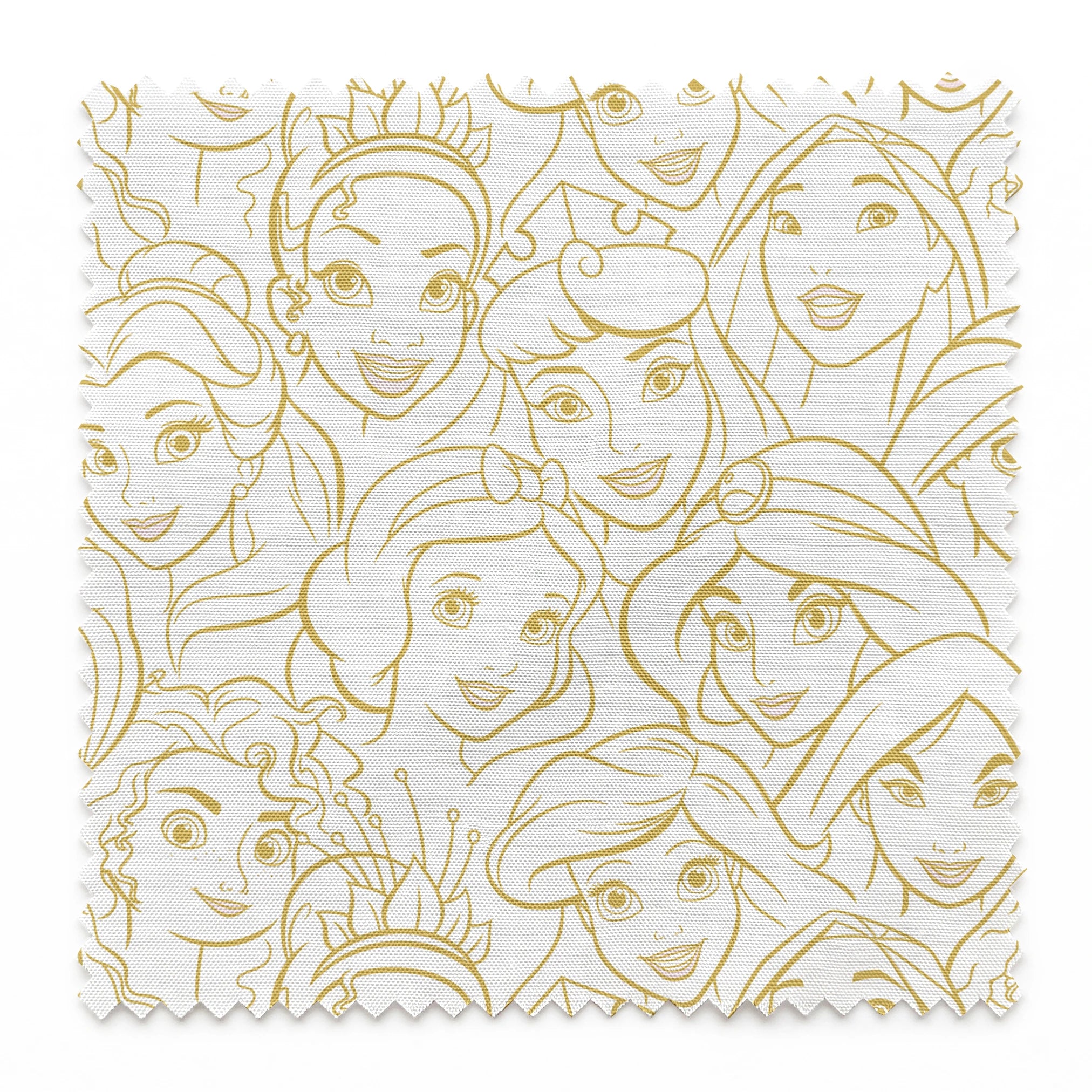 Golden line art of Disney princesses in an overlapping collage pattern with expressive facial features. springs swatch pinked