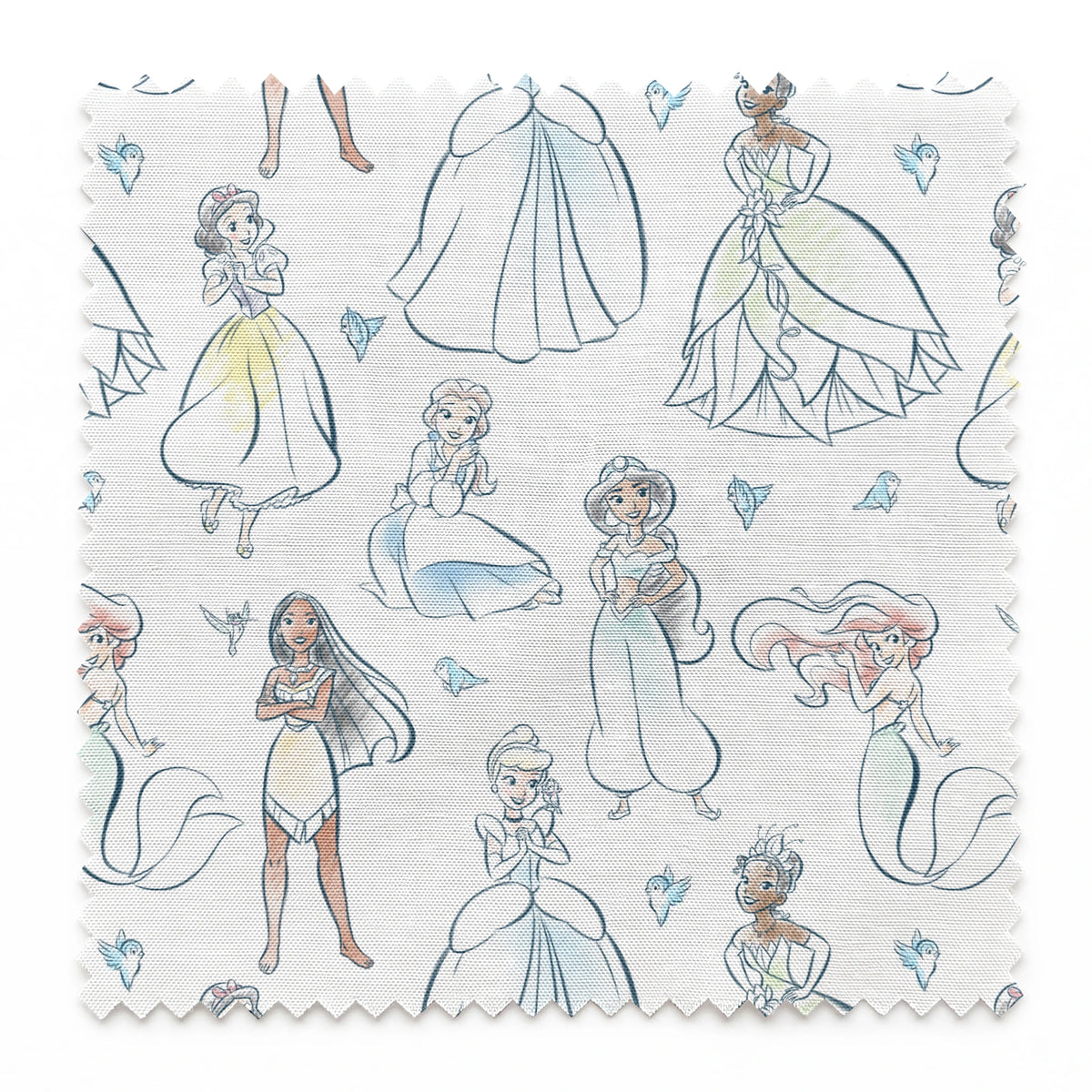 Illustrated pattern of Disney princesses in elegant dresses with sparkles on light background springs swatch pinked