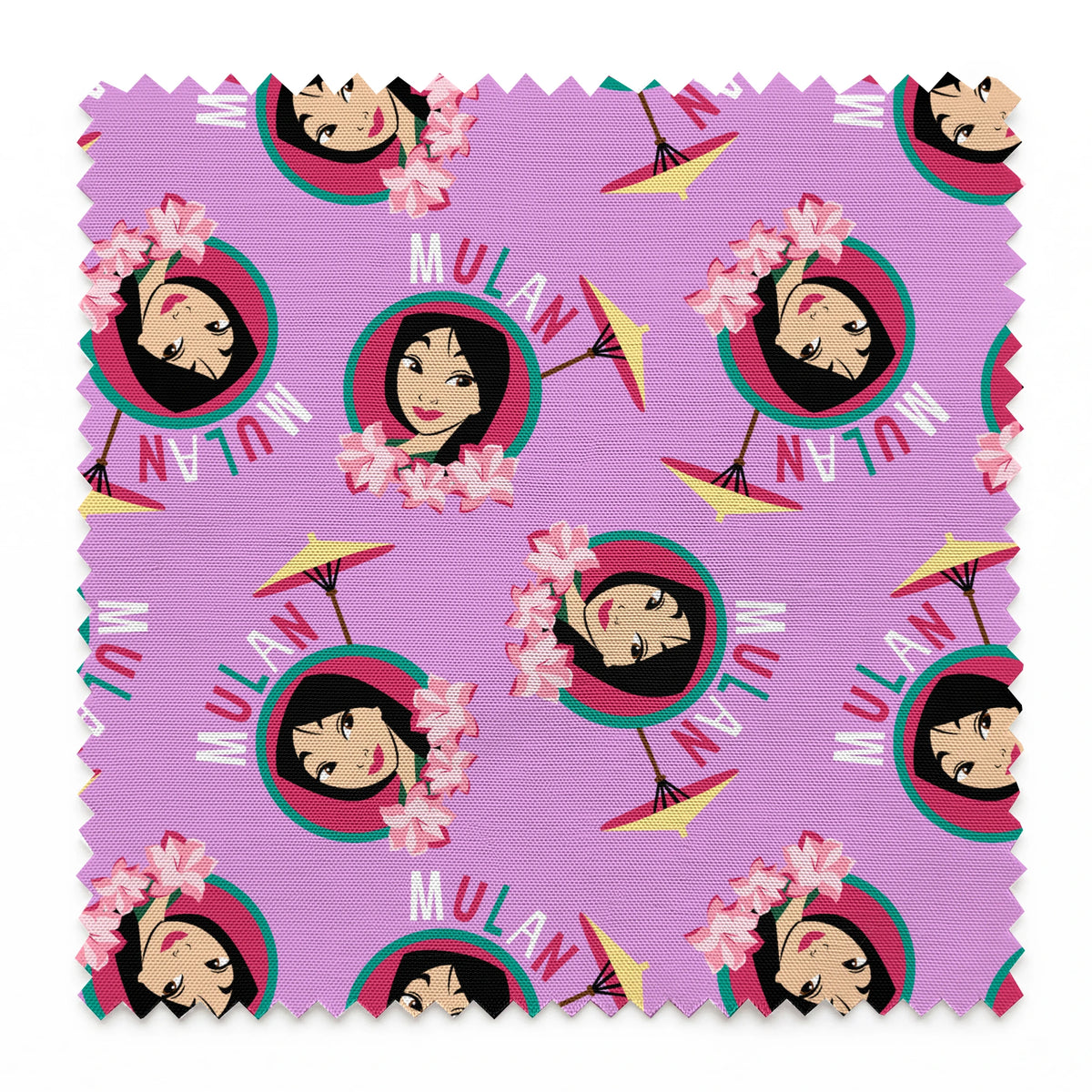 Animated character portrait pattern on purple background with pink flowers and yellow parasols springs swatch pinked