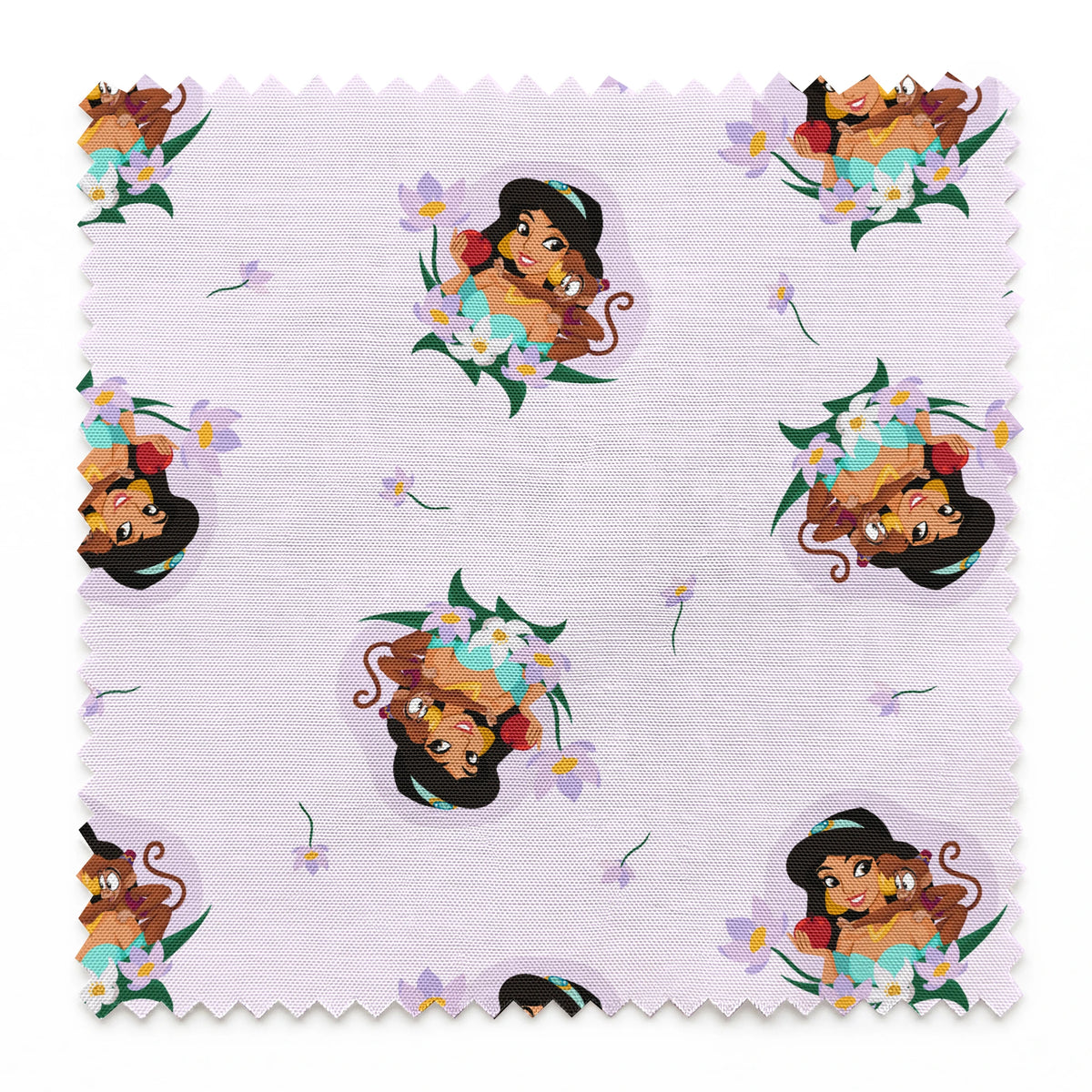 Cartoon pattern of Princess Jasmine with tiger cub surrounded by flowers on light pink background springs swatch pinked