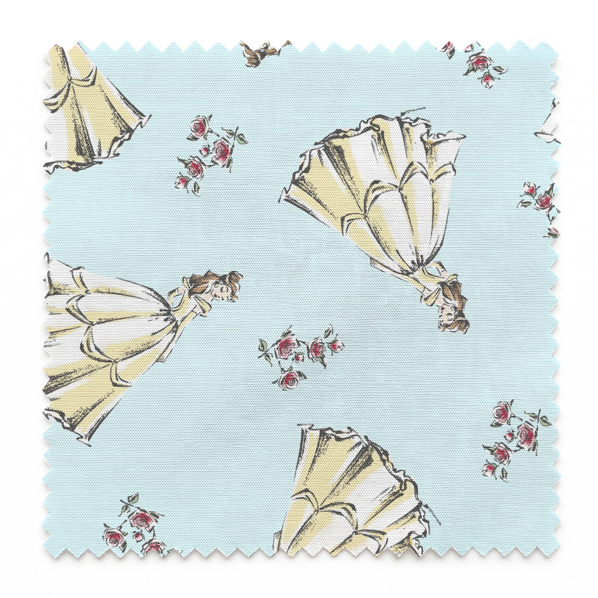 Light yellow pleated bell-shaped objects with small pink floral accents scattered on pale blue background springs swatch pinked