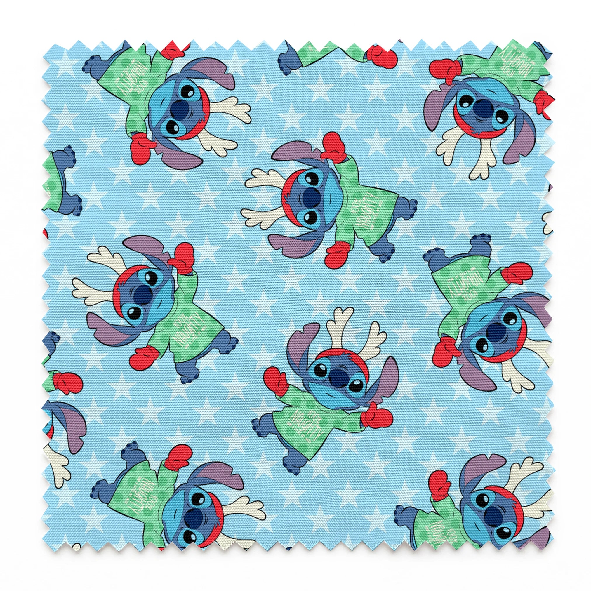 A repeating pattern of Disney's Stitch in holiday outfits with Christmas trees on light blue snowflake background. springs swatch pinked