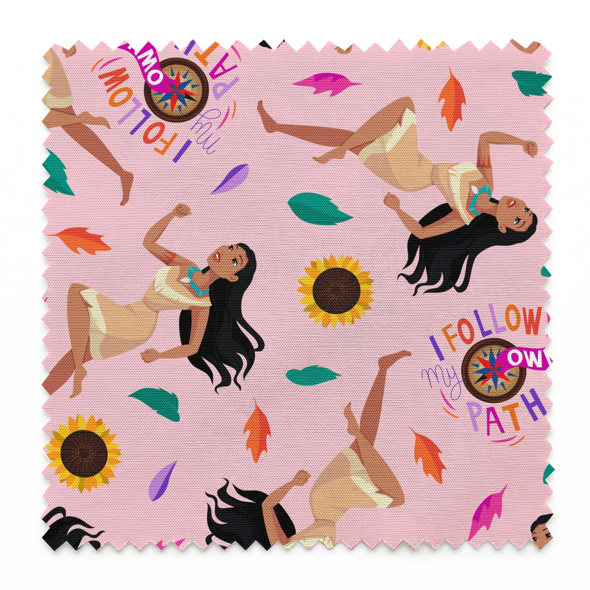 Colorful pattern with figures in relaxed poses, sunflowers, and text "Hi I Follow My Own Path" on pink background springs swatch pinked