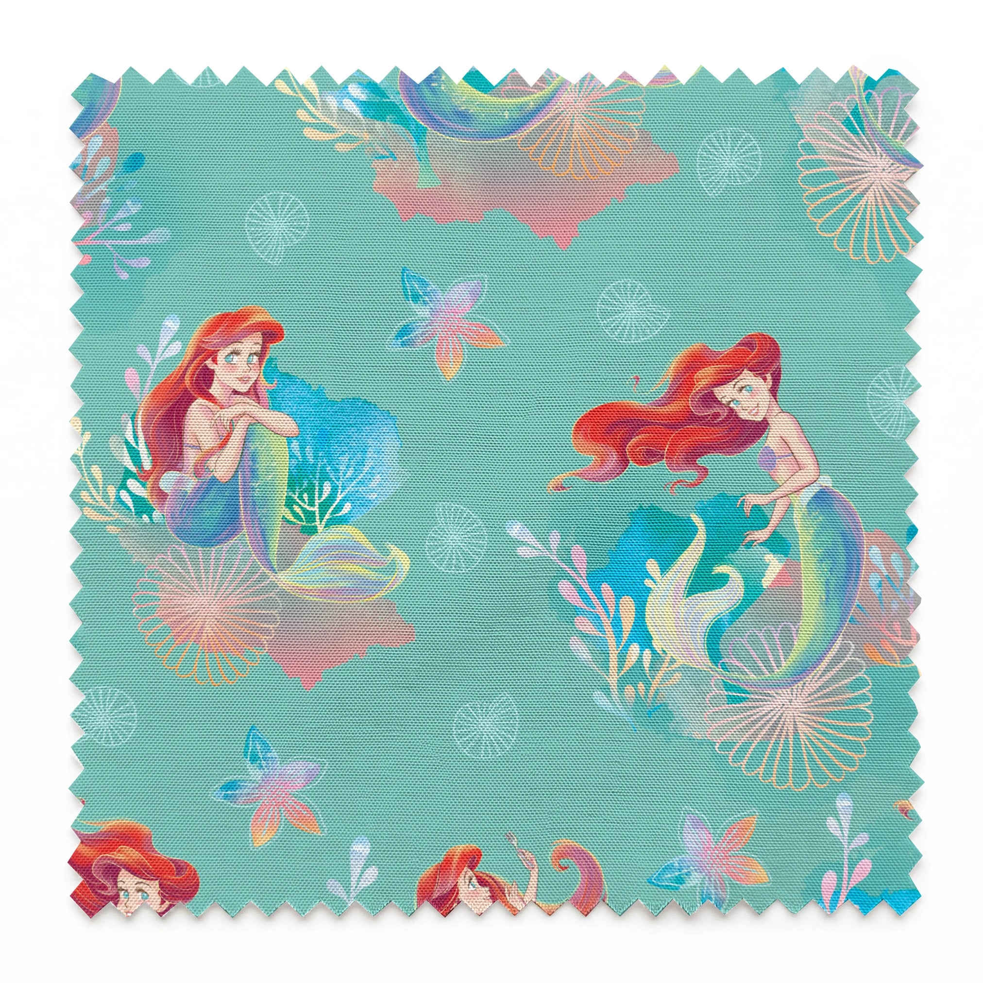 Whimsical teal pattern featuring mermaids with red hair, seashells, starfish, and coral in pastel colors springs swatch pinked