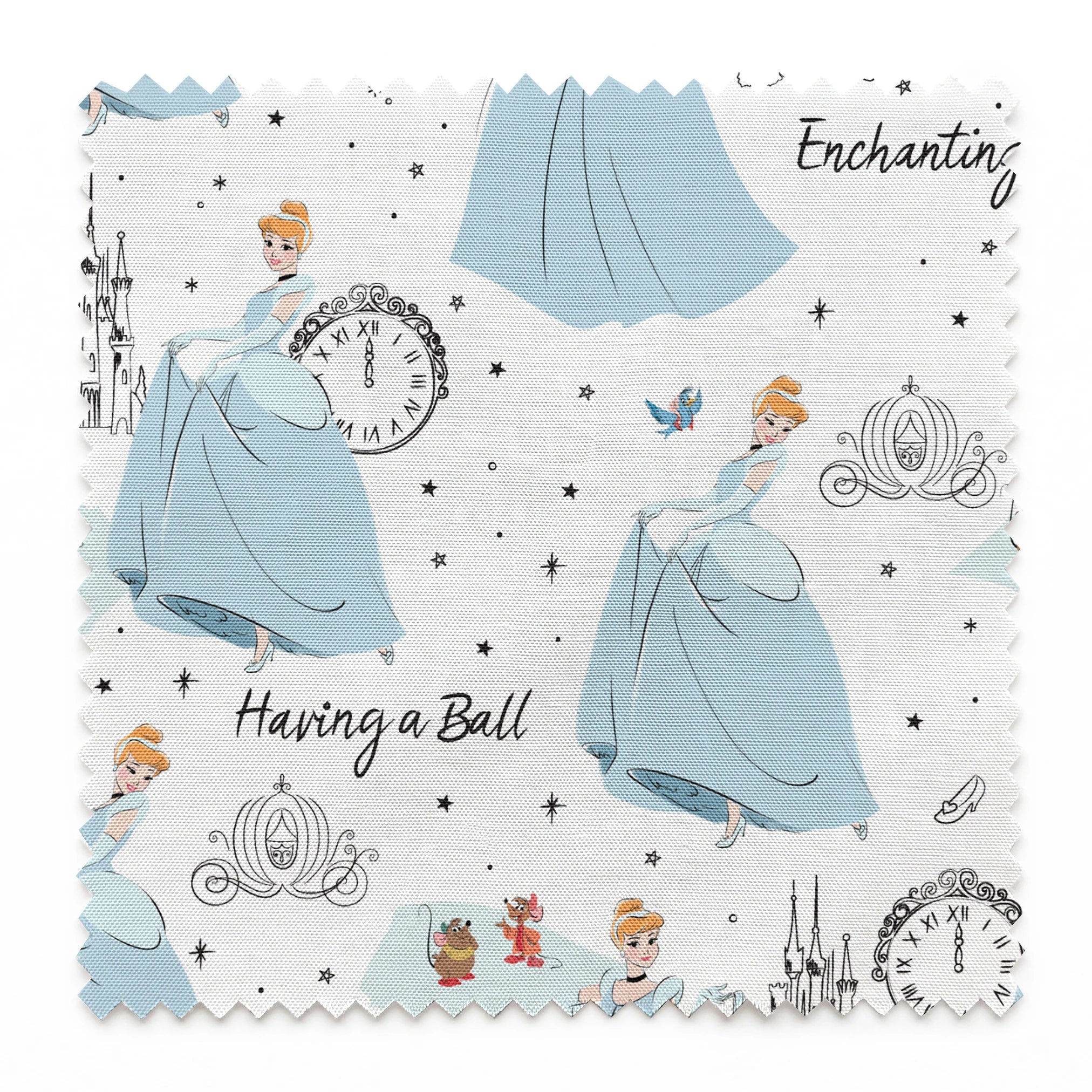 Whimsical pattern featuring cartoon princess in blue gown, clocks, castles, carriages and "Enchanting" text on white background springs swatch pinked