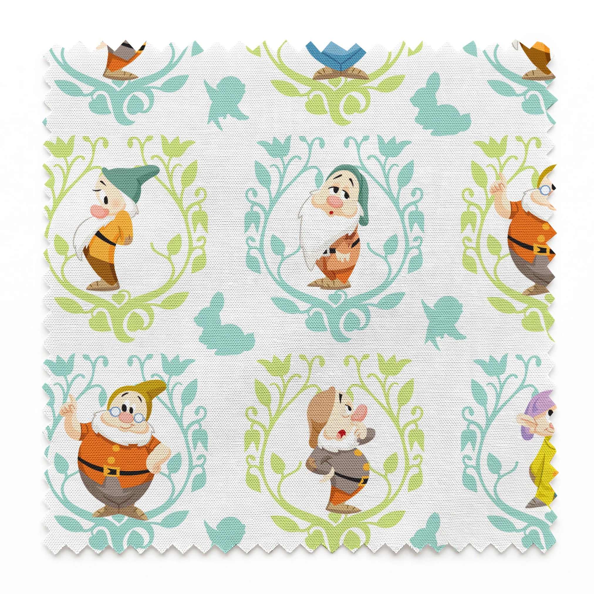 Cartoon pattern of Snow White's seven dwarfs in decorative floral frames on light background springs swatch pinked