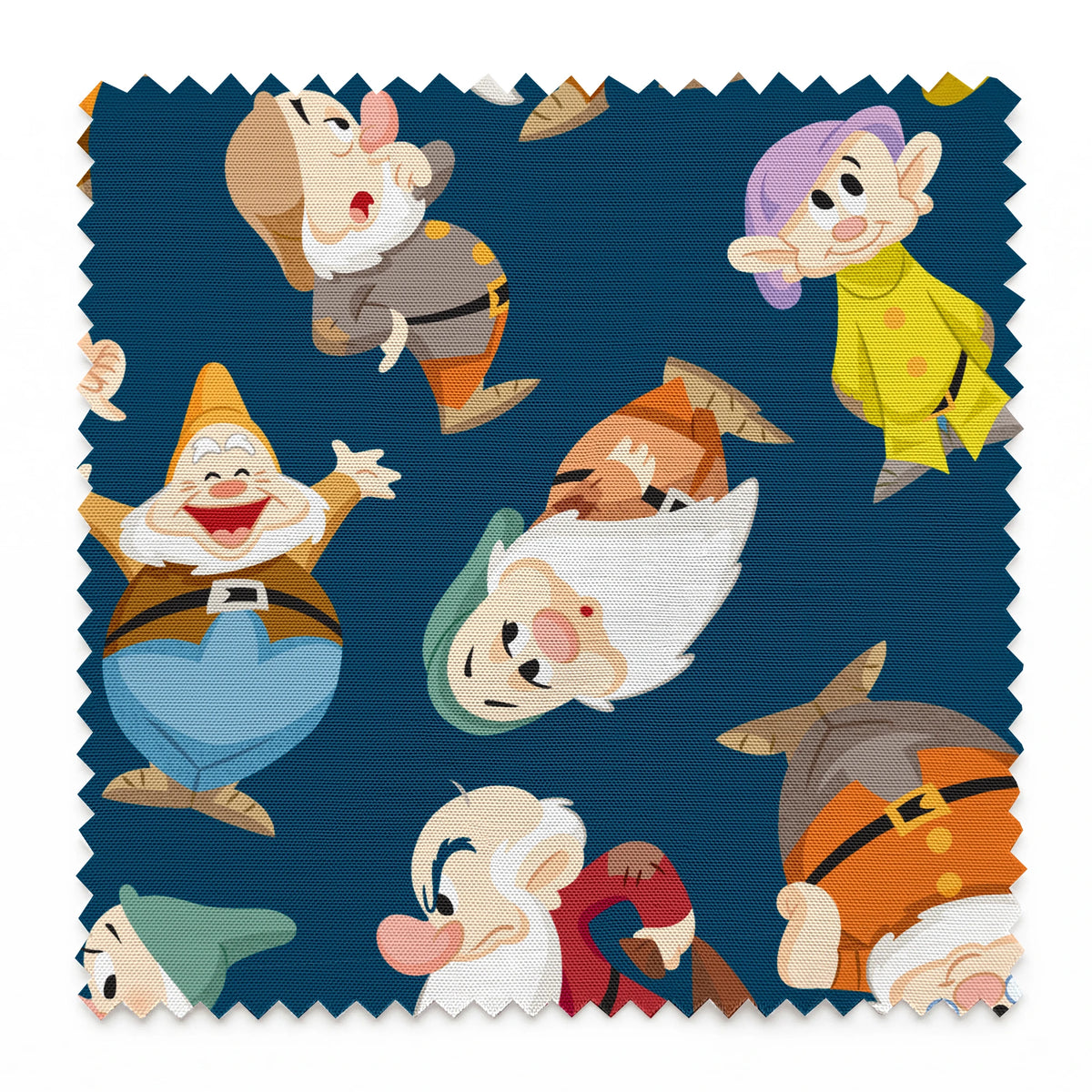 Colorful pattern of cartoon dwarfs in various outfits and poses on a deep blue background springs swatch pinked