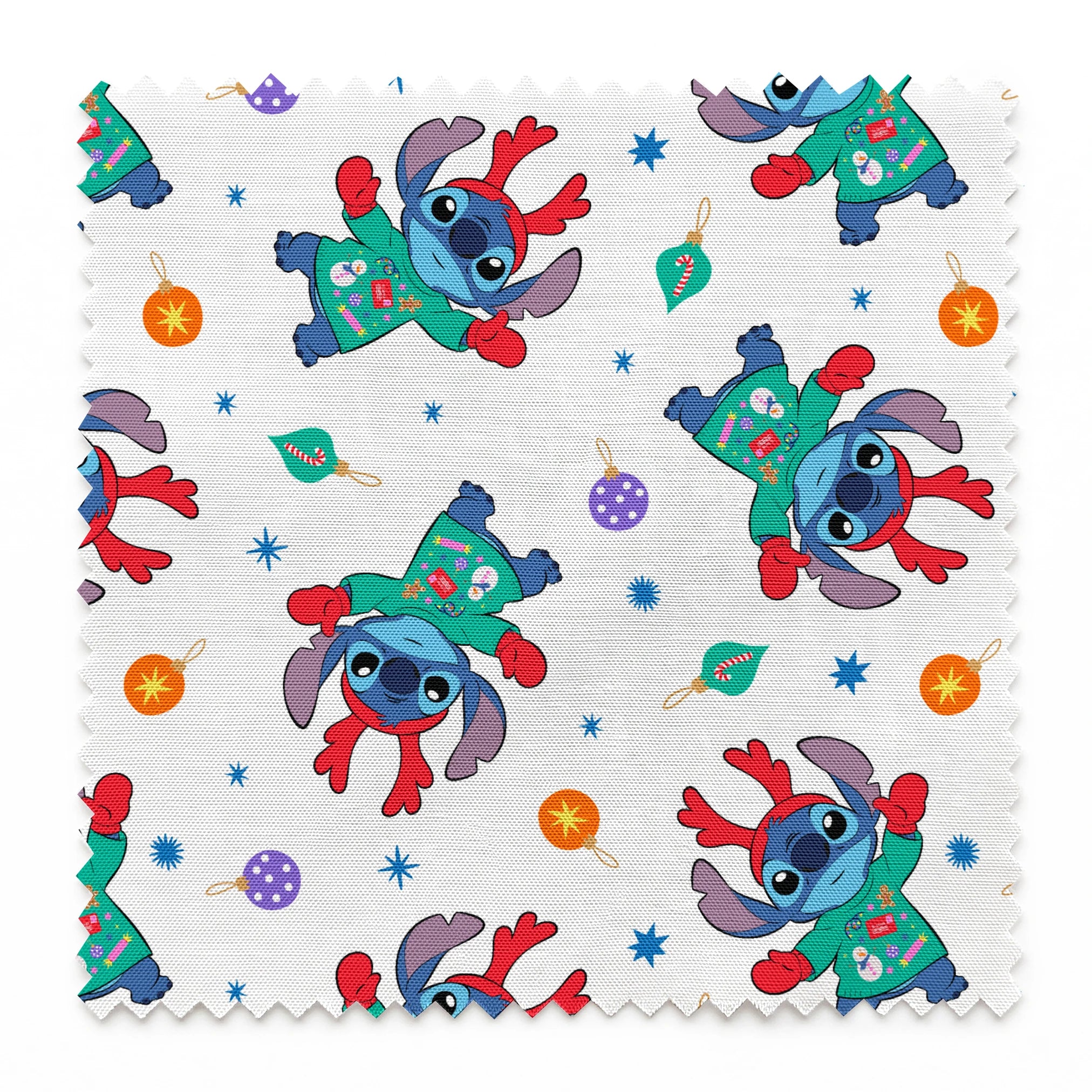 Disney's Stitch wearing green Christmas sweater and red scarf in repeating pattern with ornaments and stars. springs swatch pinked