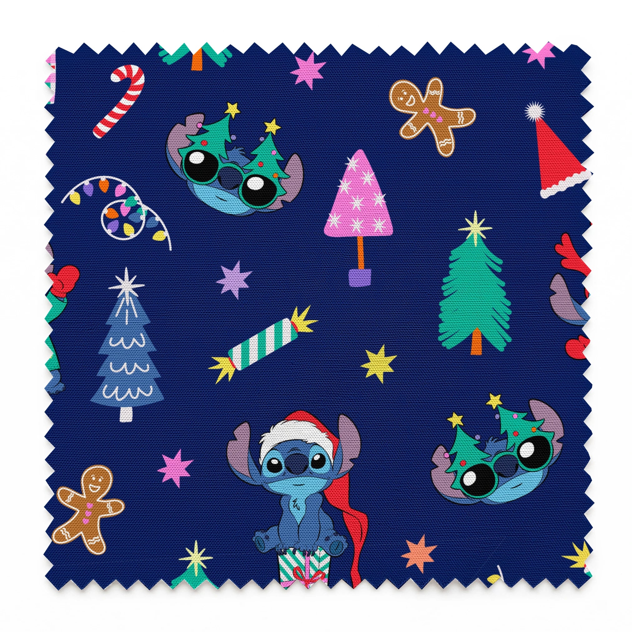 Festive Christmas pattern with Stitch, trees, candy canes, presents, and gingerbread men on navy background springs swatch pinked